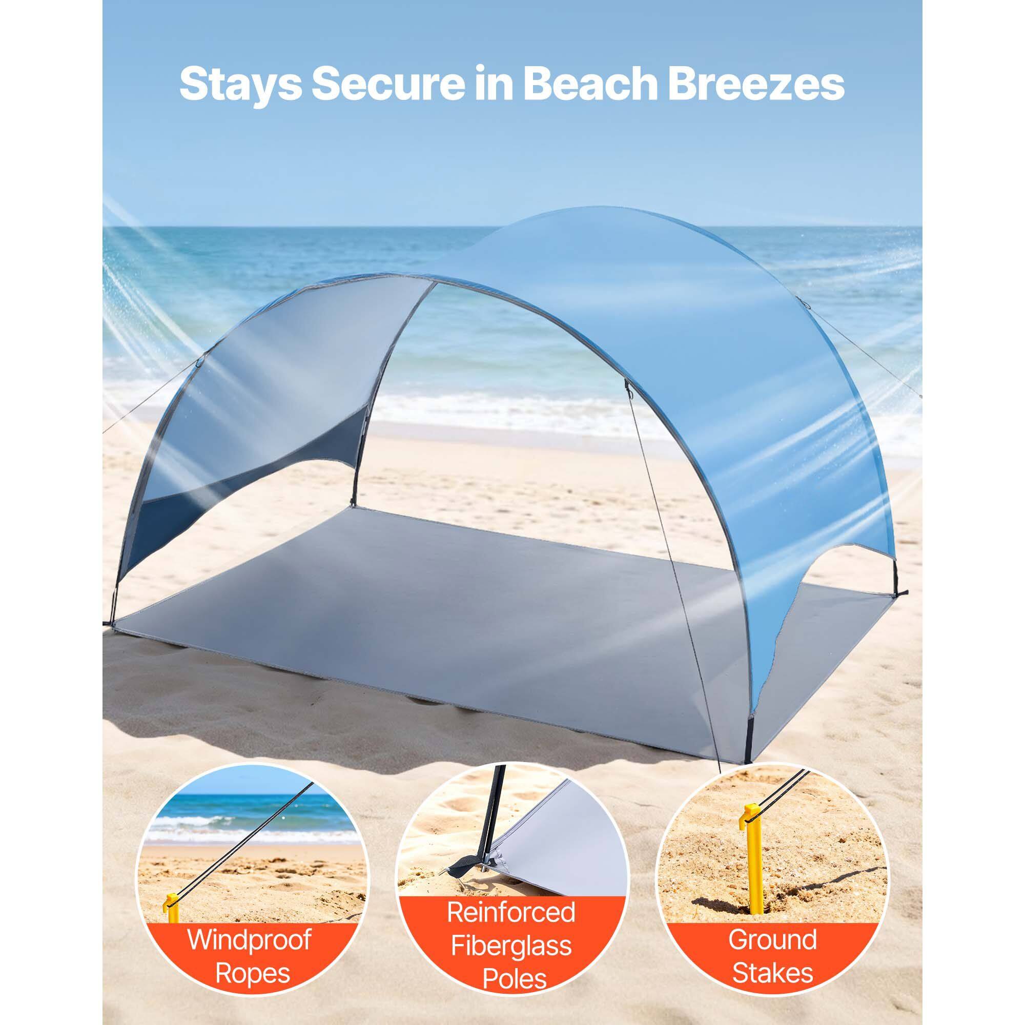 Stays Secure in Beach Breezes  
Windproof Ropes  
Reinforced Fiberglass Poles  
Ground Stakes