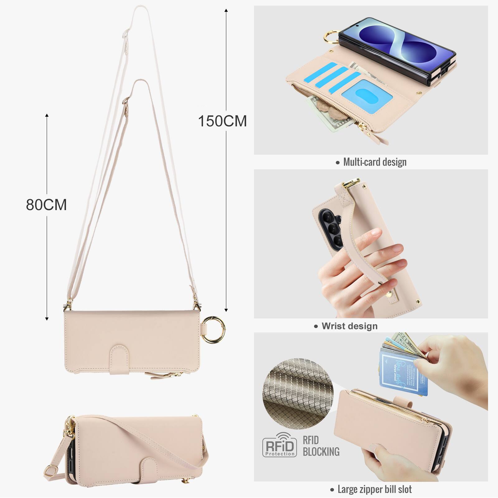 150CM  
Multi-card design  
80CM  
Wrist design  
RFID Protection BLOCKING  
Large zipper bill slot
