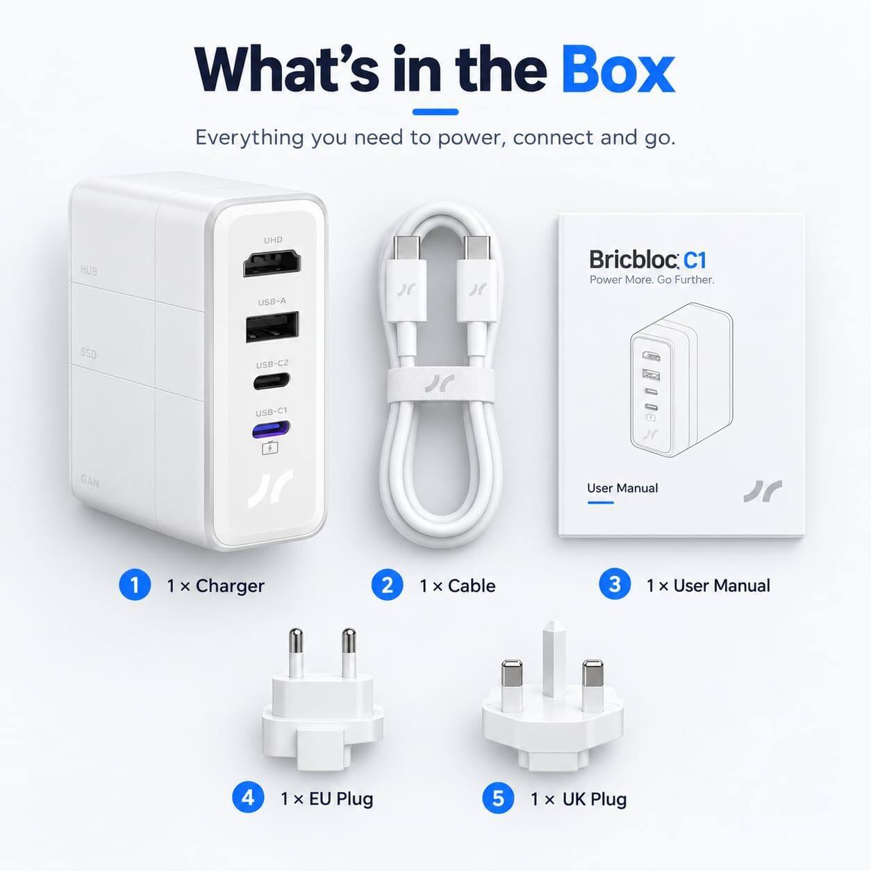 What's in the Box

Everything you need to power, connect and go.

1. 1 x Charger
2. 1 x Cable
3. 1 x User Manual
4. 1 x EU Plug
5. 1 x UK Plug

HUB
UHD USB-A
SSD
USB-C2
USB-C1
GAN

Bricbloc C1
Power More. Go Further.