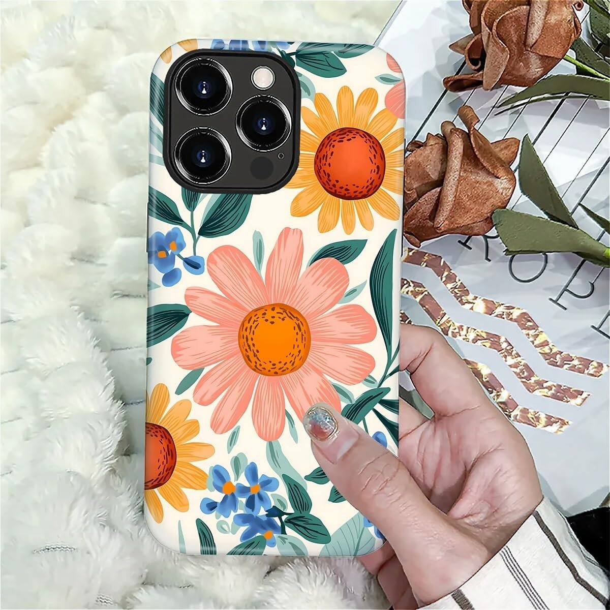 Alt View 6. Finnhomy - Smartphone Case for iPhone 16 Pro Max 2 Layer Durable Protection Military Grade Shockproof Design - Retro Flowers.