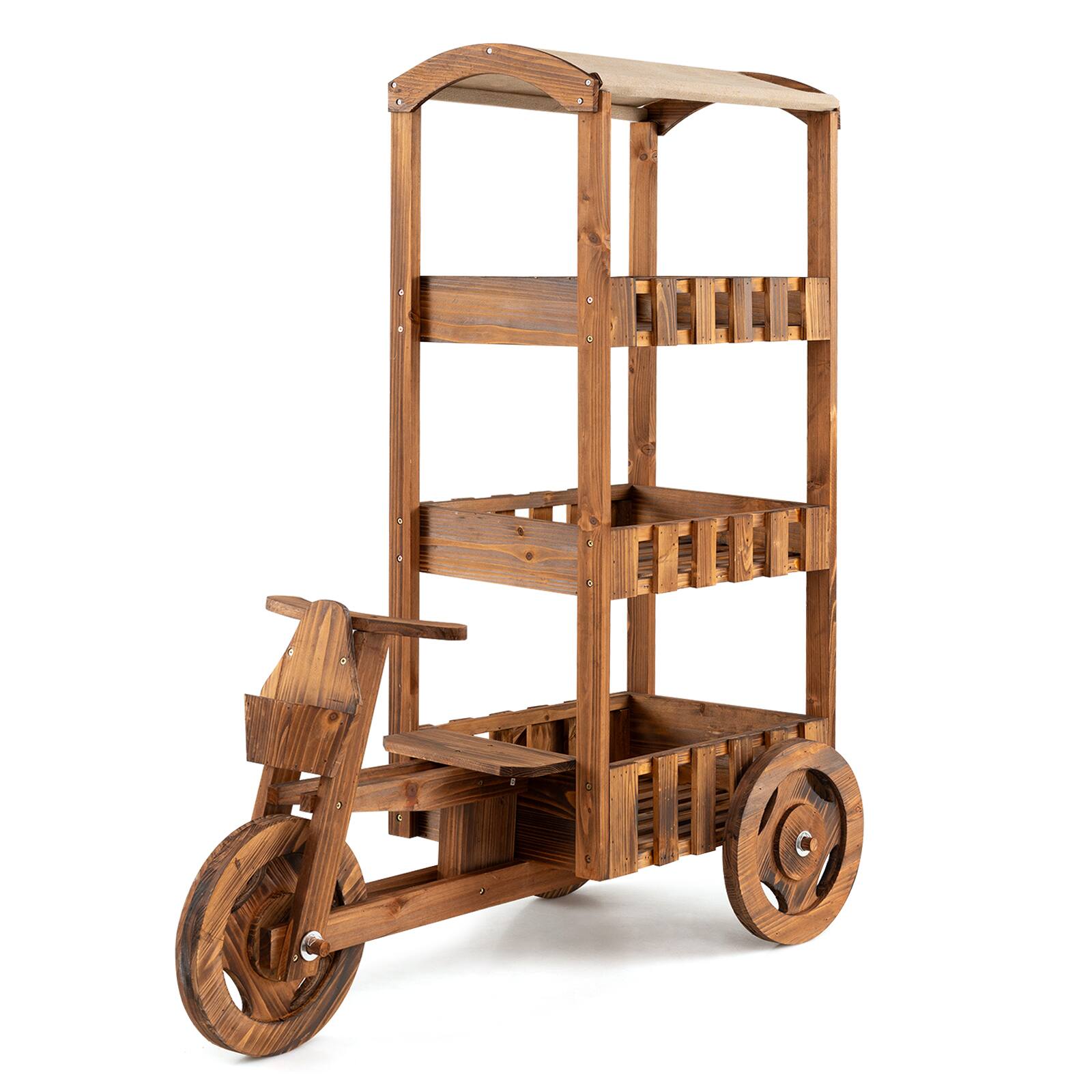 Alt View 9. Costway - Costway 3-Tier Fir Wood Wagon Planter with Fabric Canopy & 3 Wheels for Garden, Patio - Brown.