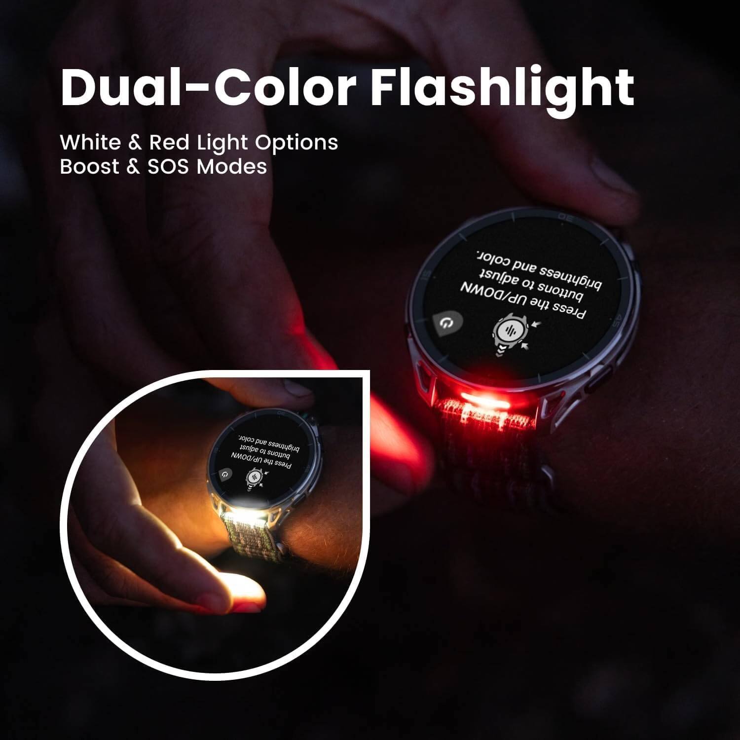 Dual-Color Flashlight White & Red Light Options Boost & SOS Modes

color. and adjust to brightness UP/DOWN the buttons Press

color. and adjust to anottud brightness UP/DOWN the Press 0
