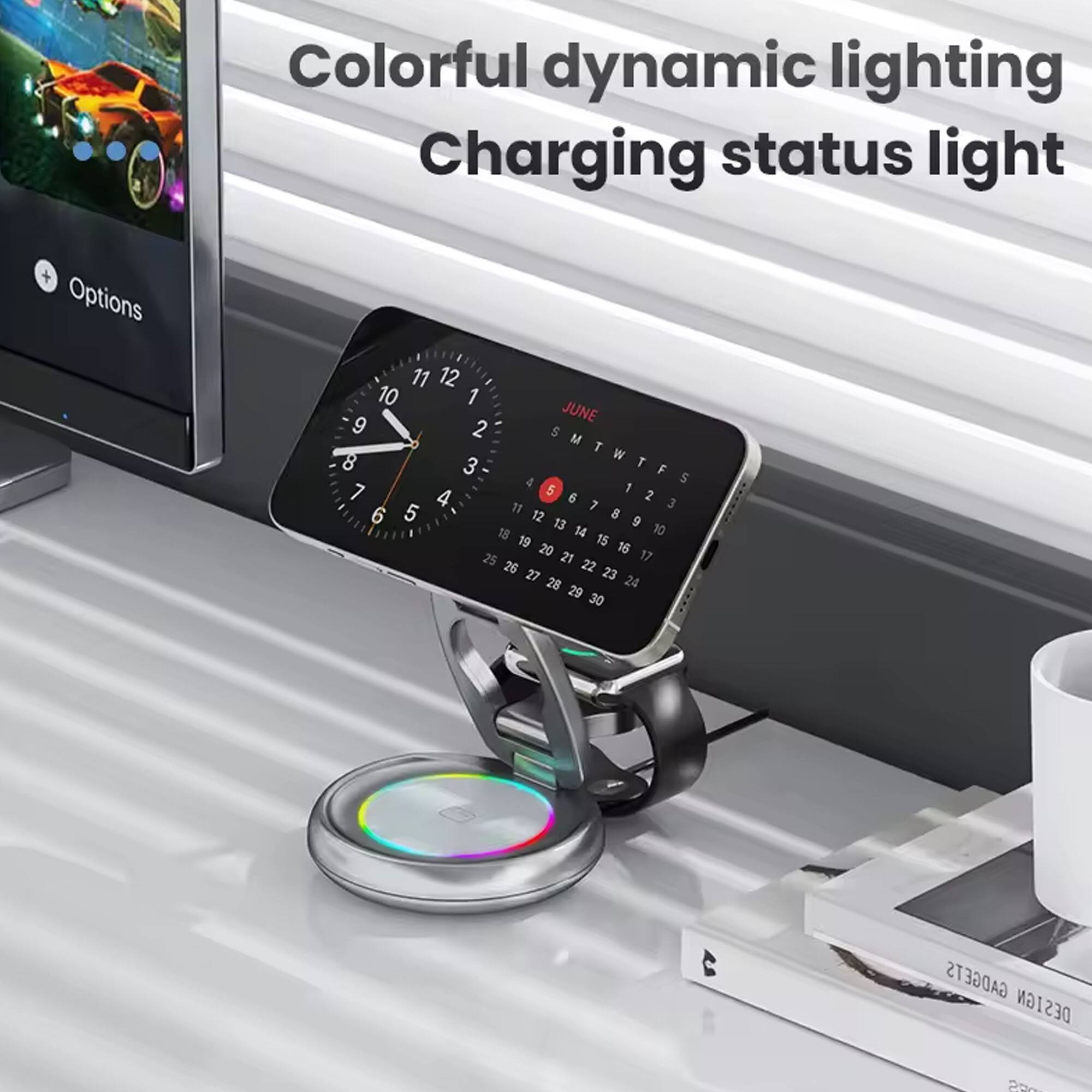 Colorful dynamic lighting  
Charging status light  

Options  

JUNE  
S M T W T F S  
1 2 3 4 5 6 7  
8 9 10 11 12 13 14  
15 16 17 18 19 20 21  
22 23 24 25 26 27 28  
29 30  

GADGETS DESIGN