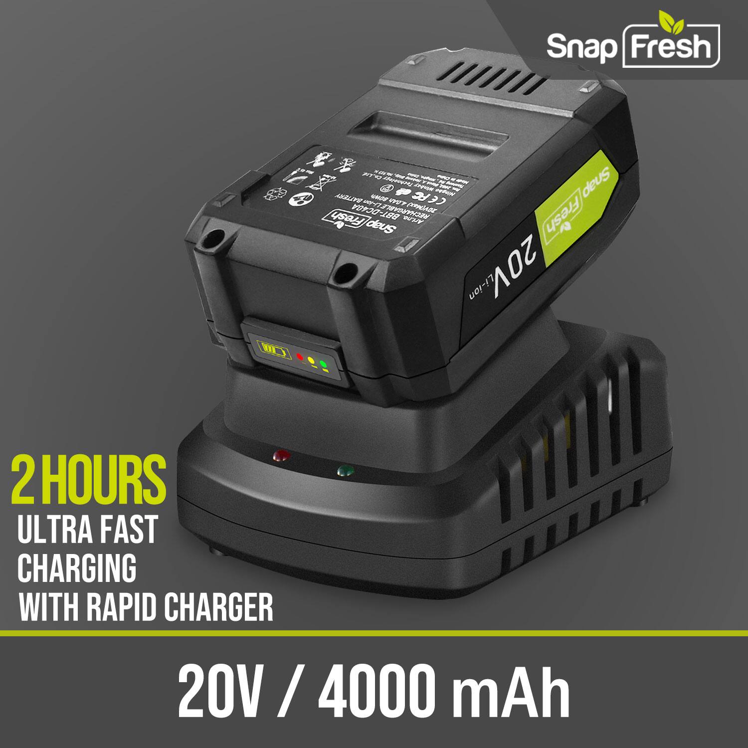 Snap Fresh CI Wr 14 - Ahingtoc A - Snap &D 1 nh H L AK UN2V CEFC 7 CAS V00-108 RECHARGARLE Fresh Frosh BBF WOU deus Li-ion 20V 2 HOURS ULTRA FAST CHARGING WITH RAPID CHARGER 20V / 4000 mAh