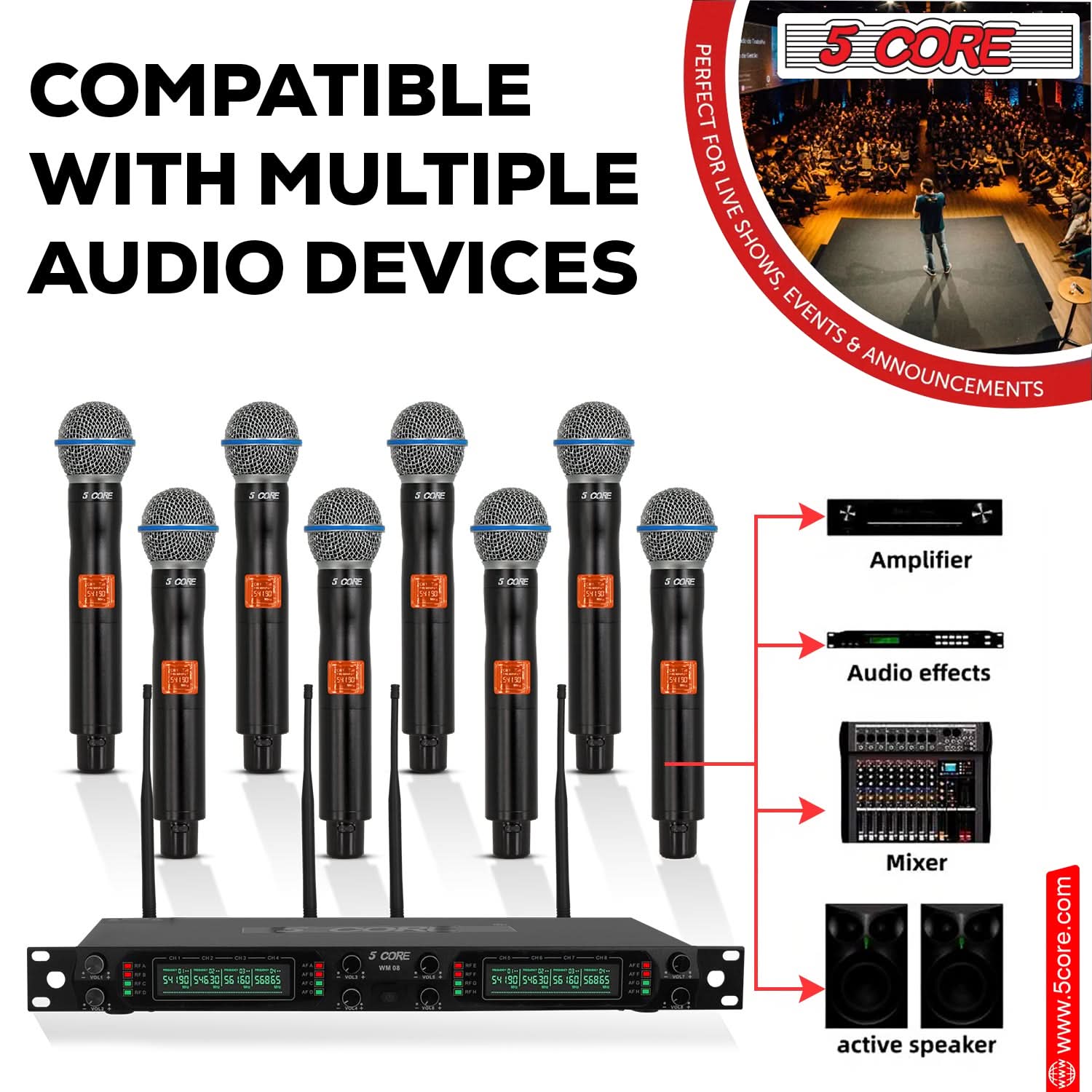5 CORE COMPATIBLE WITH MULTIPLE AUDIO DEVICES PERFECT FOR LIVE SHOWS, EVENTS & ANNOUNCEMENTS

Amplifier
Audio effects
Mixer
Active speaker
www.5core.com