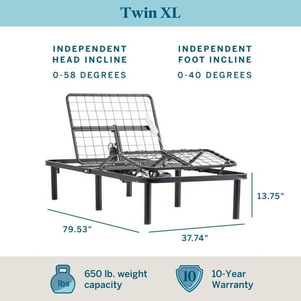 Twin XL, Independent Head Incline 0-58 Degrees, Independent Foot Incline 0-40 Degrees, 13.75", 79.53", 37.74", 650 lbs weight capacity, 10-Year Warranty.