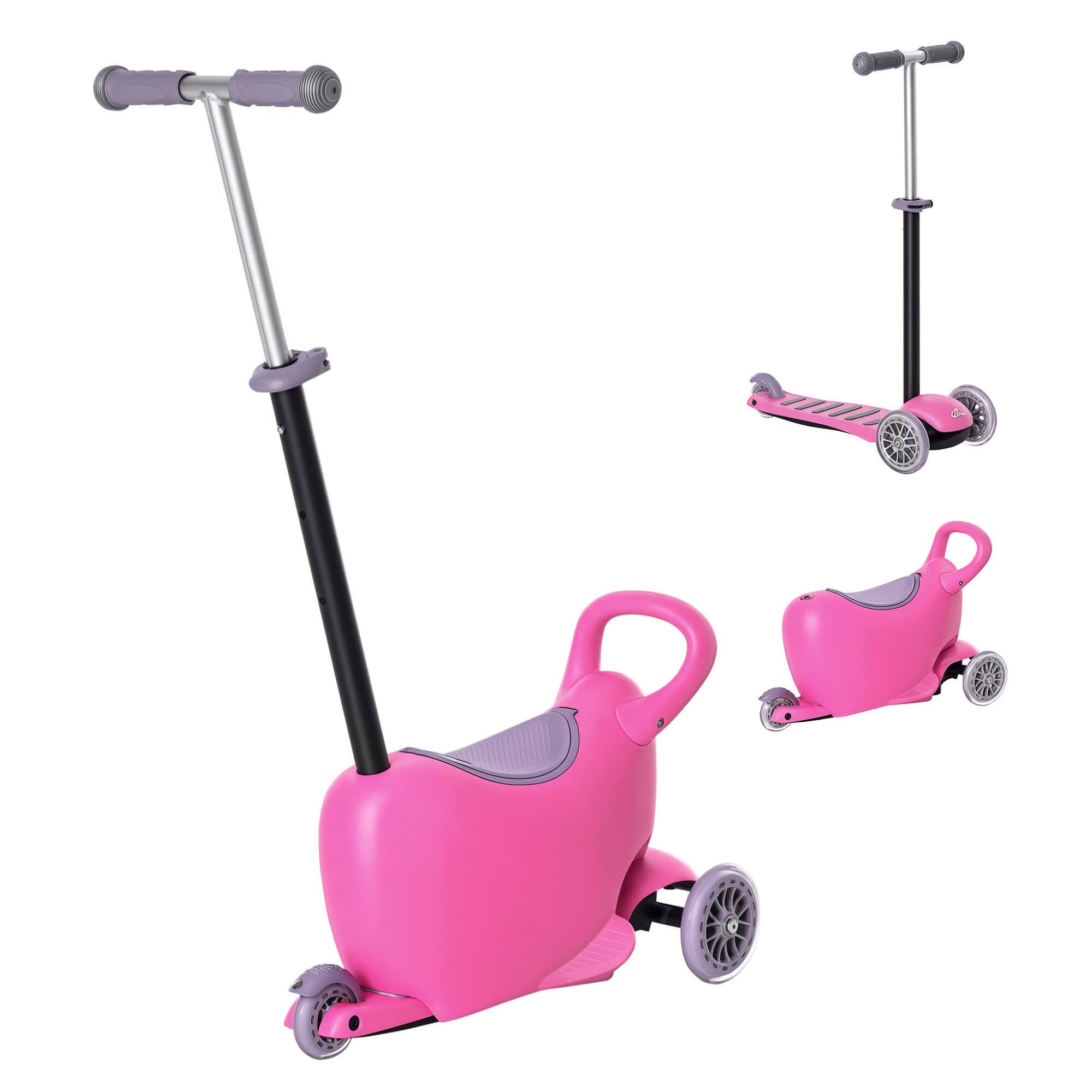 Front. Qaba - 3-in-1 Ride On: push car/scooter/walker, adjustable handle, 3 wheels, removable storage seat, 2-6y - Pink.