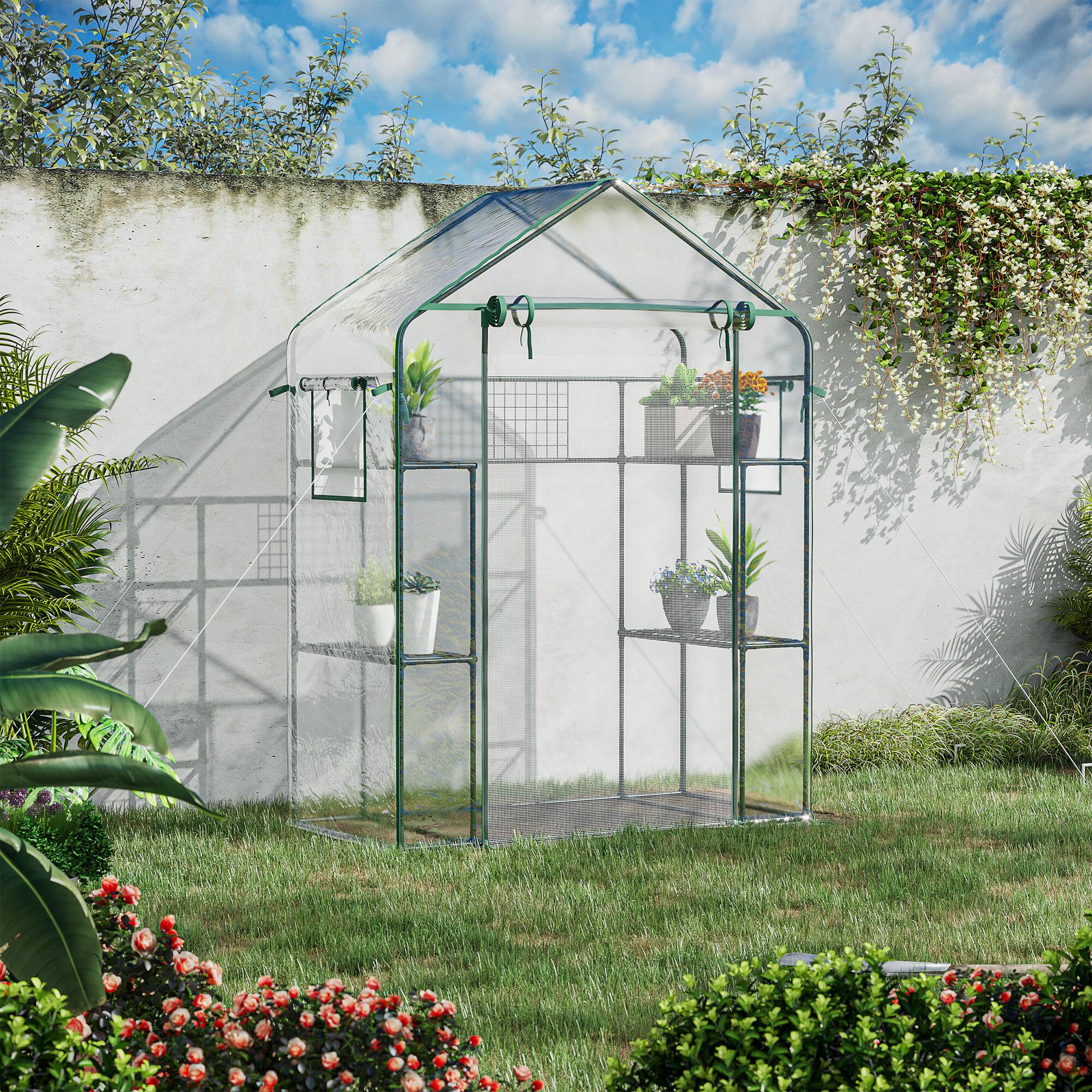 Alt View 1. Outsunny - Outdoor Walk-in Mini Greenhouse with Mesh Door & Windows, Small Portable Garden Green House with 3 Tiers 6 Shelves.