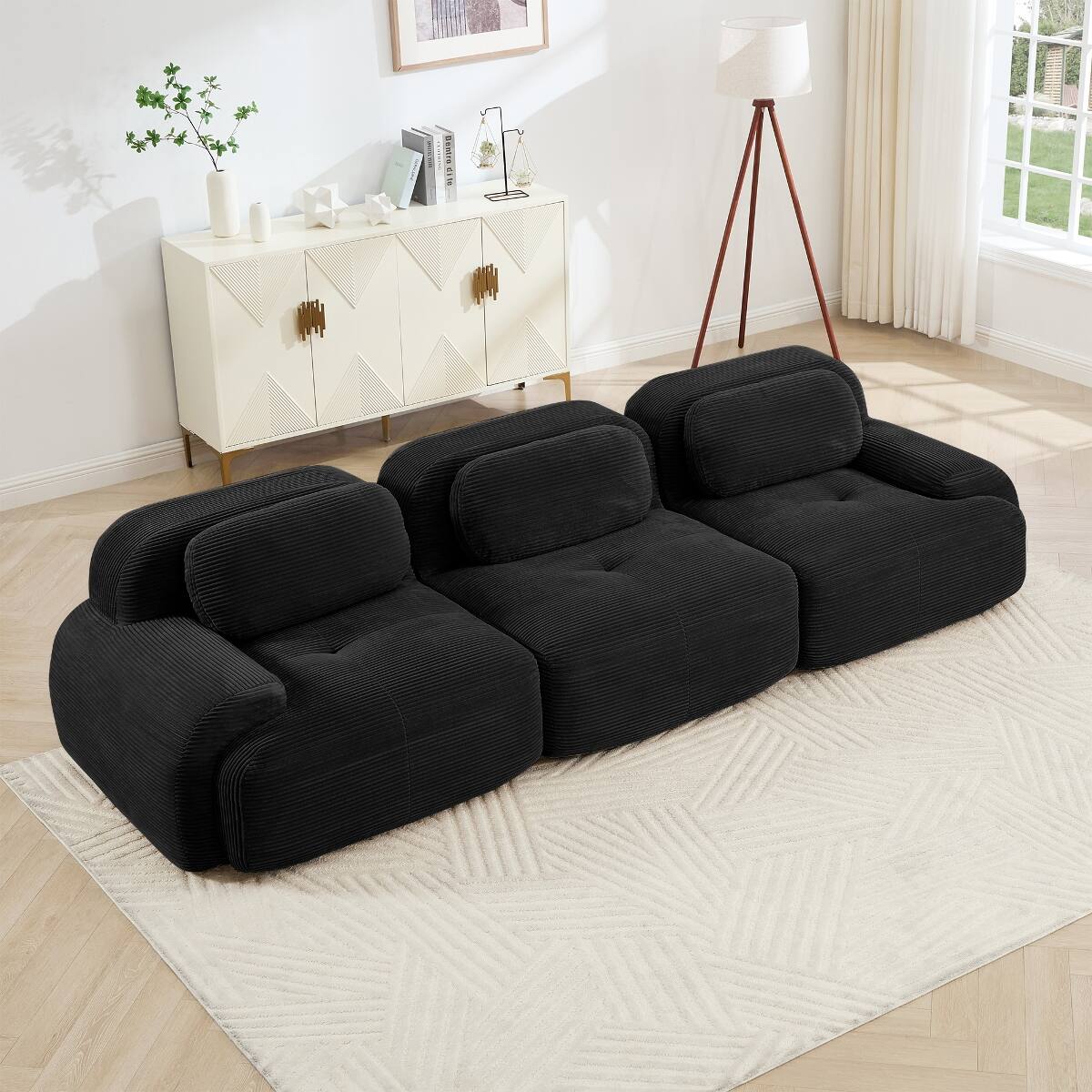 Front. Ropilly - Ropilly 3 Seat Modular Sofa, Black Corduroy Sofa with Curved Armrests and No Assembly - Black.