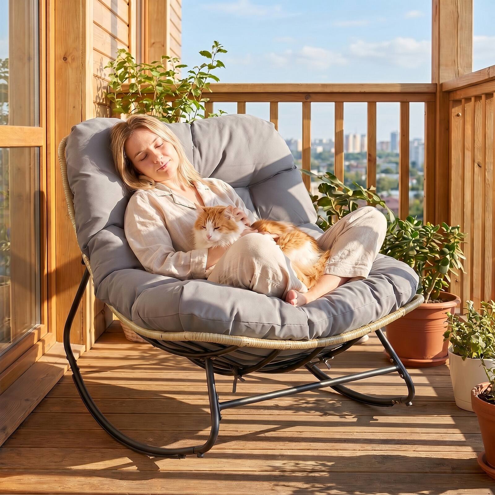Alt View 4. Gymax - Gymax Outdoor Papasan Rocking Chair Oversized Egg-shaped Rocker w/Thick Cushioned Seat Gray - Gray.