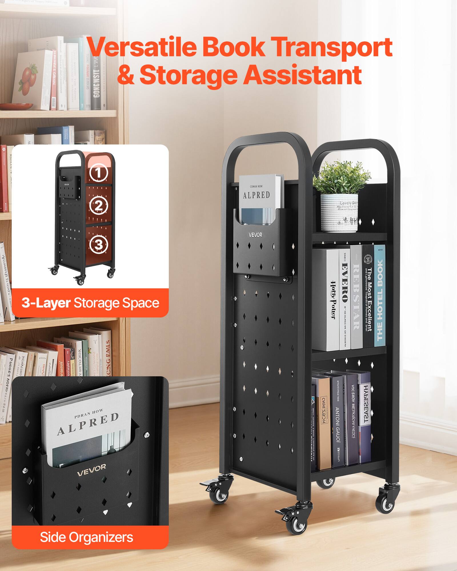 Versatile Book Transport & Storage Assistant

3-Layer Storage Space

Side Organizers
