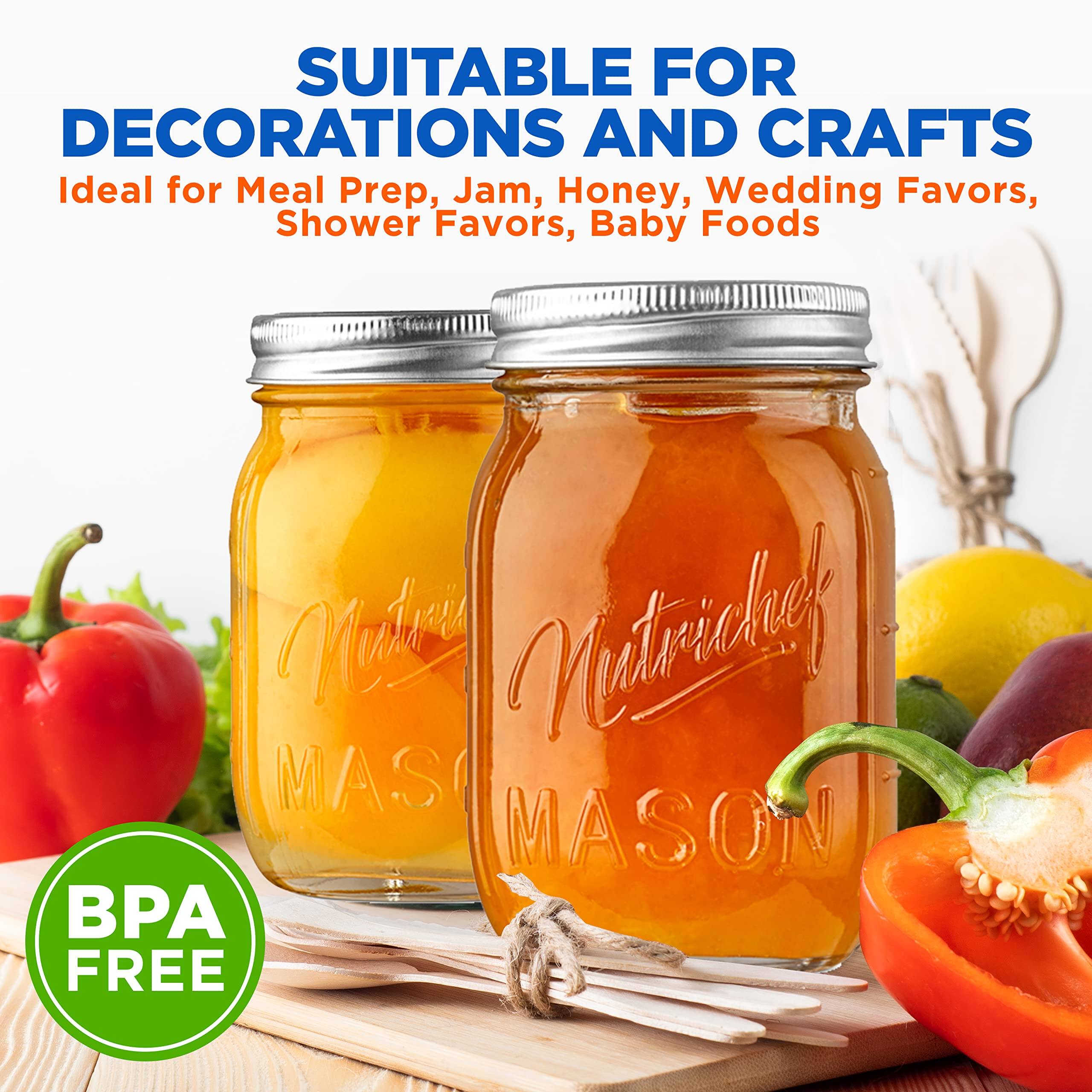 SUITABLE FOR DECORATIONS AND CRAFTS  
Ideal for Meal Prep, Jam, Honey, Wedding Favors, Shower Favors, Baby Foods  

Nutrichef MASON  
BPA FREE