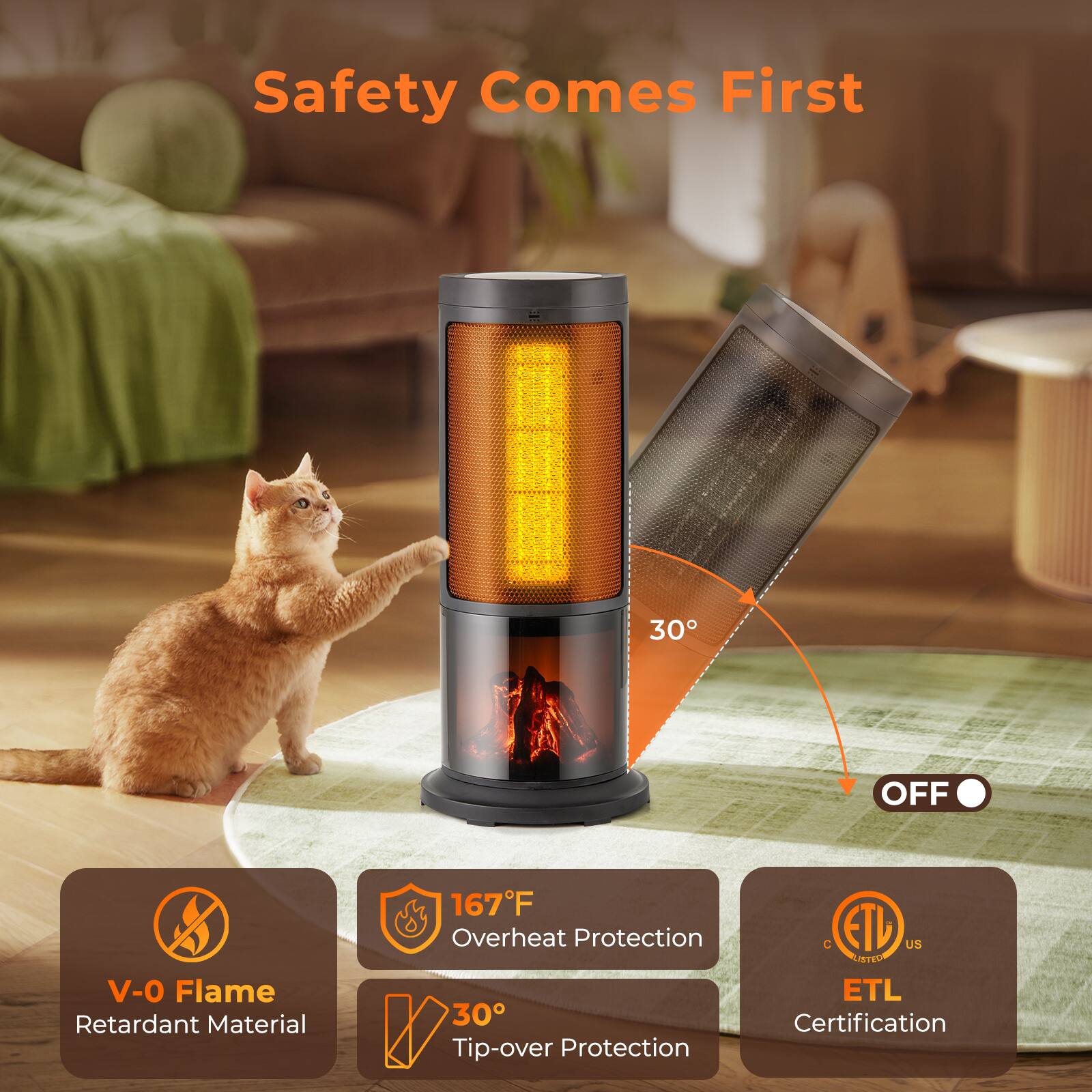 Safety Comes First

- 30% OFF
- Flame Retardant Material
- 167°F Overheat Protection
- 30° Tip-over Protection
- C ED US LISTED ETL Certification