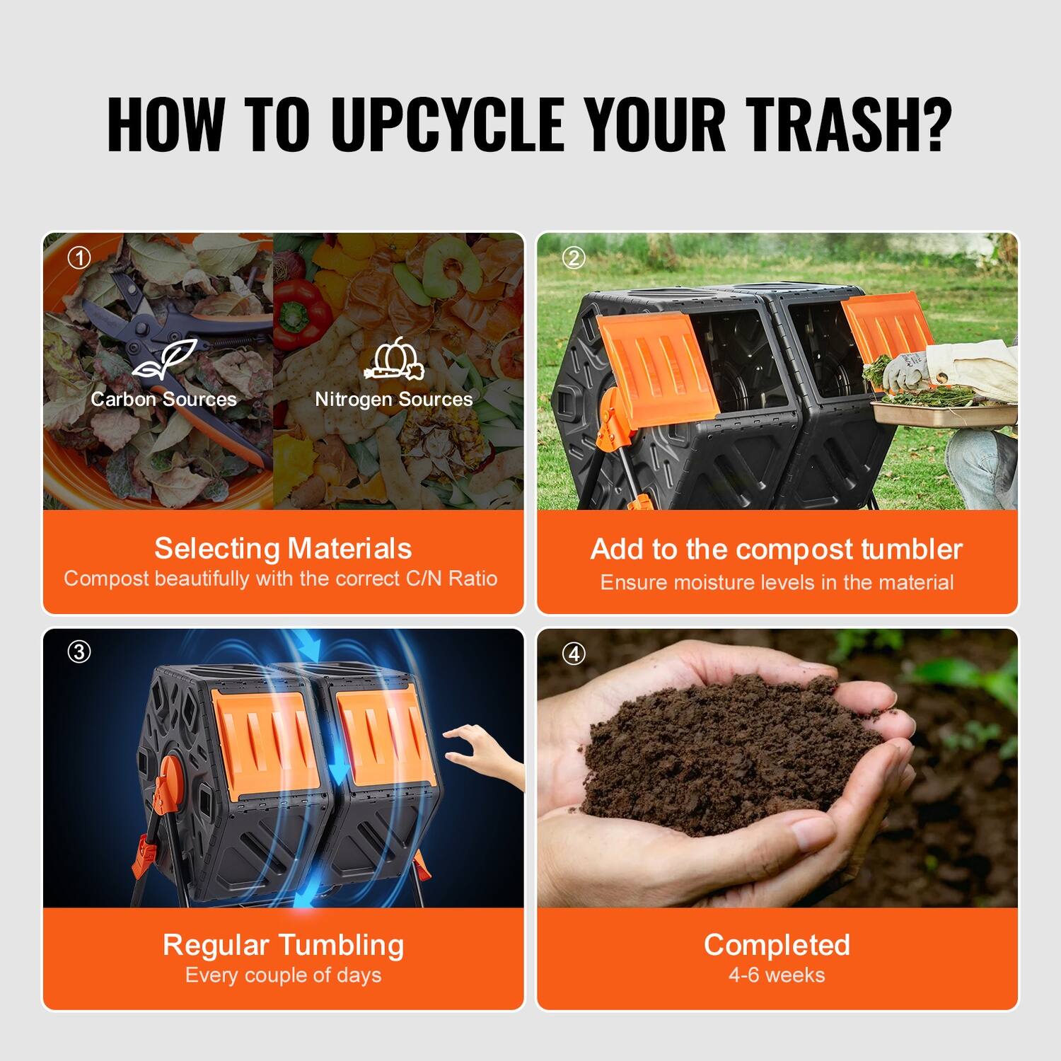 HOW TO UPCYCLE YOUR TRASH?

1. Selecting Materials
   - Carbon Sources
   - Nitrogen Sources
   - Compost beautifully with the correct C/N Ratio

2. Add to the compost tumbler
   - Ensure moisture levels in the material

3. Regular Tumbling
   - Every couple of days

4. Completed
   - 4-6 weeks