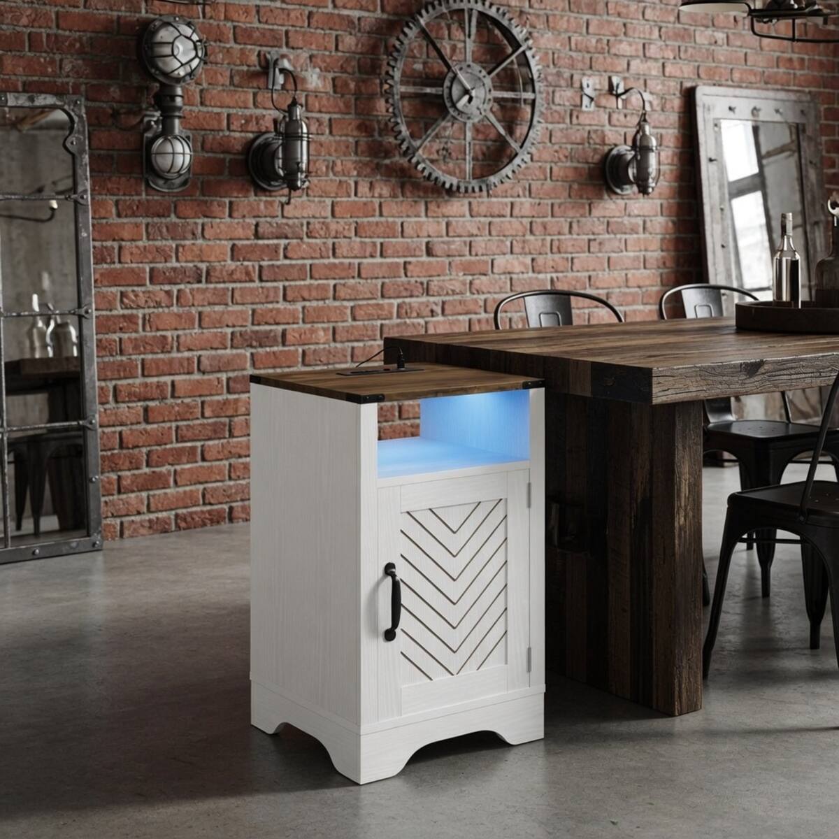 Alt View 1. Loheer - Loheer 16 Inch Nightstand with Charging Station, RGB LED, White and Rustic Oak - White and Rustic Oak.