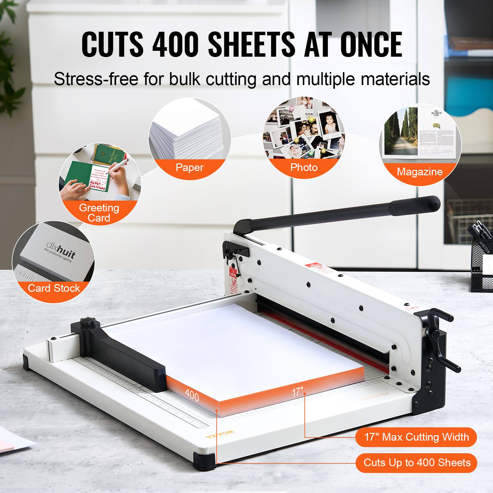 CUTS 400 SHEETS AT ONCE  
Stress-free for bulk cutting and multiple materials  

- Paper  
- Photo  
- Magazine  
- Greeting Card  
- Card Stock  

17" Max Cutting Width  
Cuts Up to 400 Sheets
