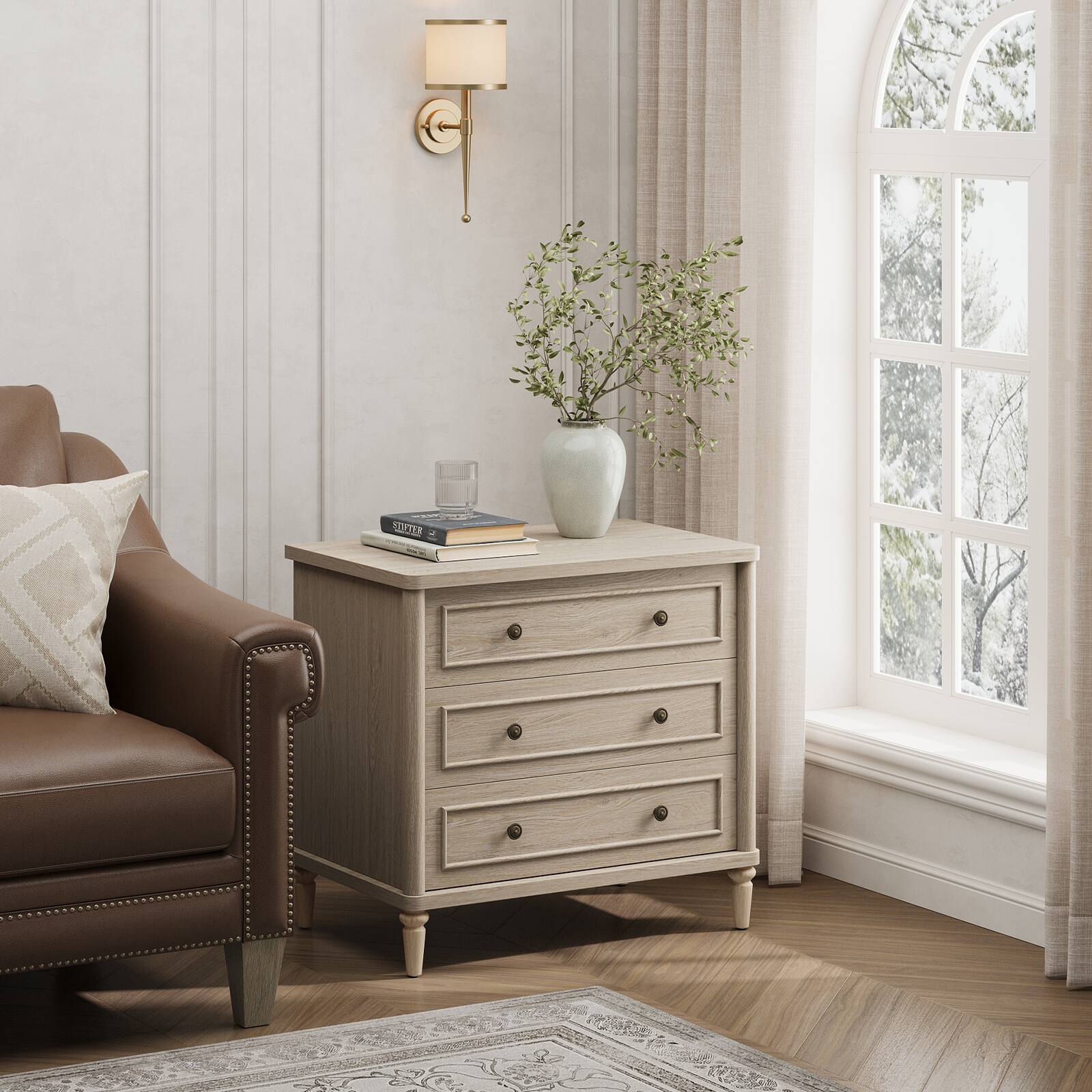 Left. Bestier - 3 Drawer Farmhouse Nightstand Set of 2 , Mid-Century Fluted Bedside Table with Charging Station - Sunlit Oak.