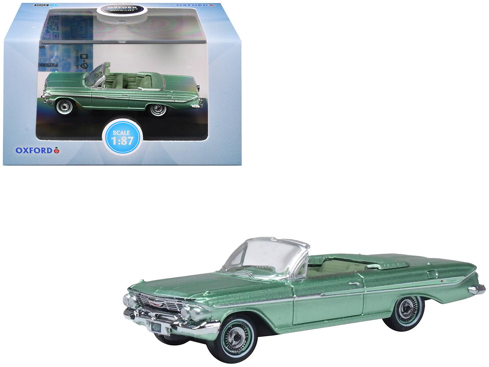 1961 Chevrolet Impala Convertible Arbor Green Metallic with Green Interior 1/87 (HO) Diecast Model Car by Oxford Diecast