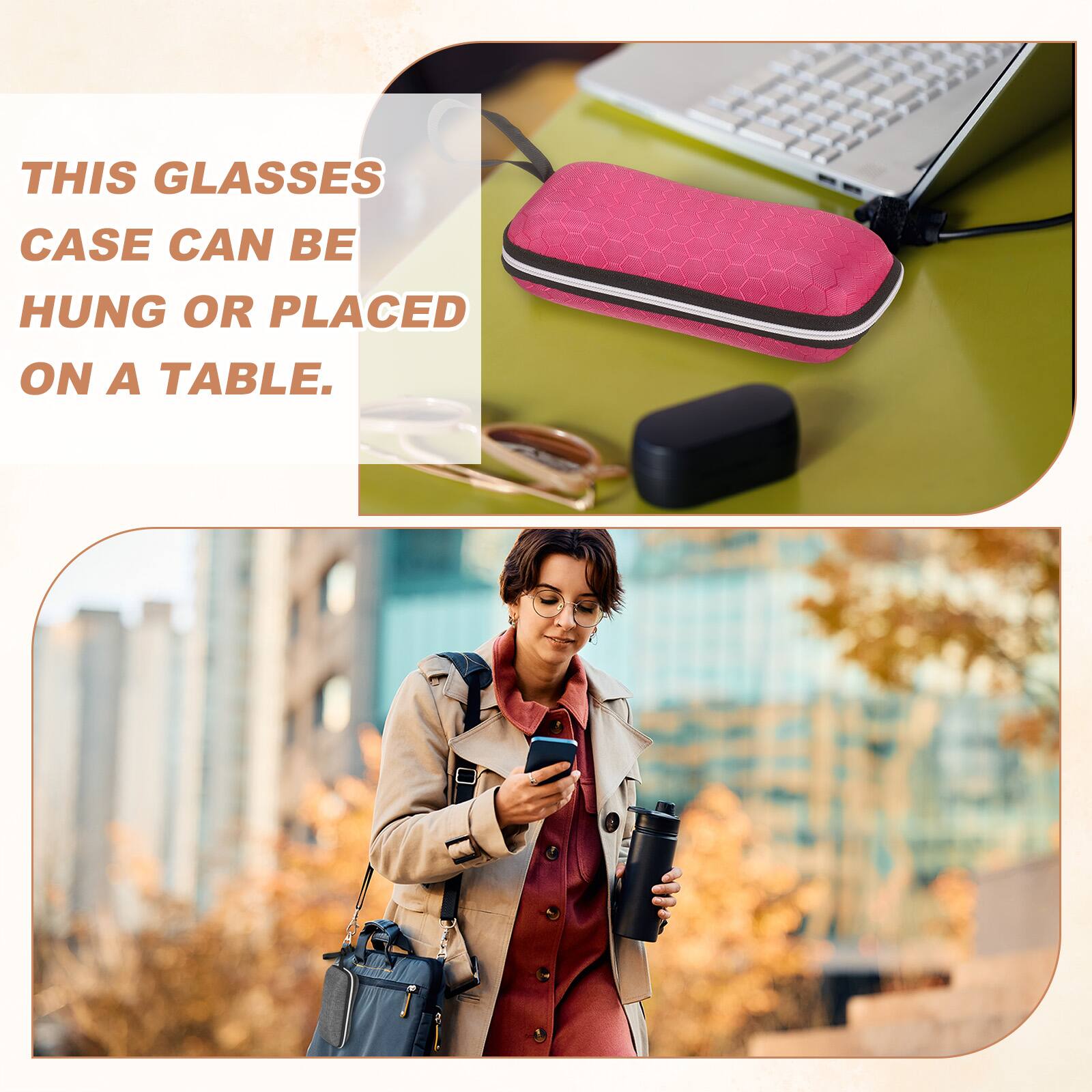 This glasses case can be hung or placed on a table.