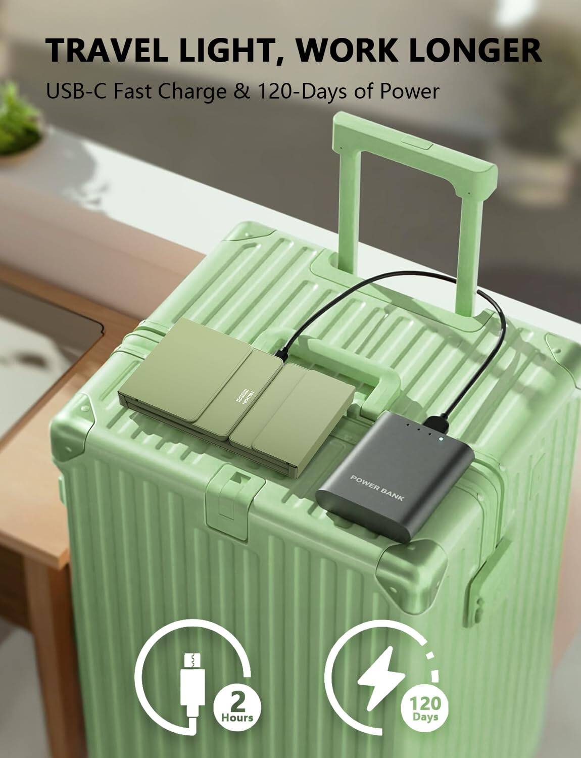 TRAVEL LIGHT, WORK LONGER

USB-C Fast Charge & 120-Days of Power

2 Hours

120 Days