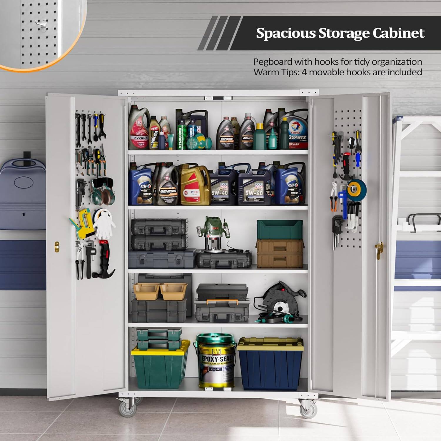 Spacious Storage Cabinet  
Pegboard with hooks for tidy organization  
Warm Tips: 4 movable hooks are included