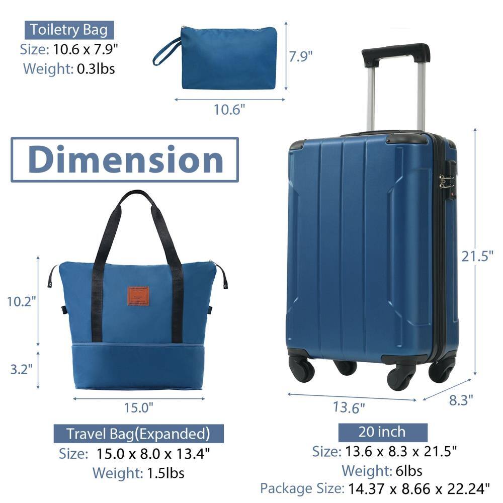 Toiletry Bag  
Size: 10.6" x 7.9"  
Weight: 0.3lbs  

Travel Bag (Expanded)  
Size: 15.0" x 8.0" x 13.4"  
Weight: 1.5lbs  

20 inch  
Size: 13.6" x 8.3" x 21.5"  
Weight: 6lbs  

Package Size: 14.37" x 8.66" x 22.24"