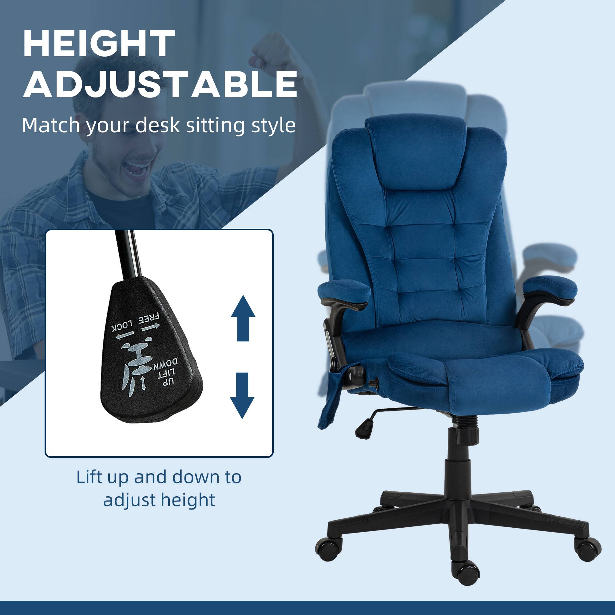 HEIGHT ADJUSTABLE
Match your desk sitting style
FREE LOCK DOMM
LIFT UP
Lift up and down to adjust height