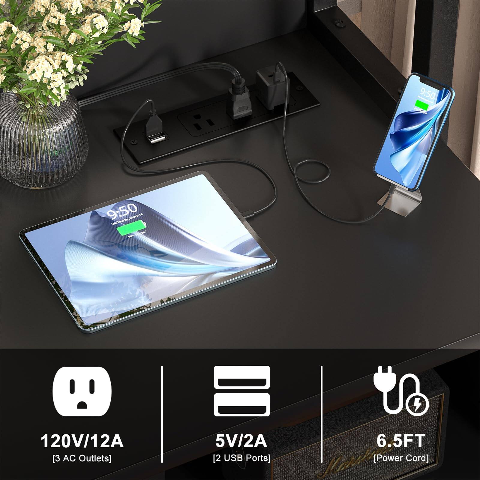 9:50  
120V/12A [3 AC Outlets]  
5V/2A [2 USB Ports]  
6.5FT [Power Cord]