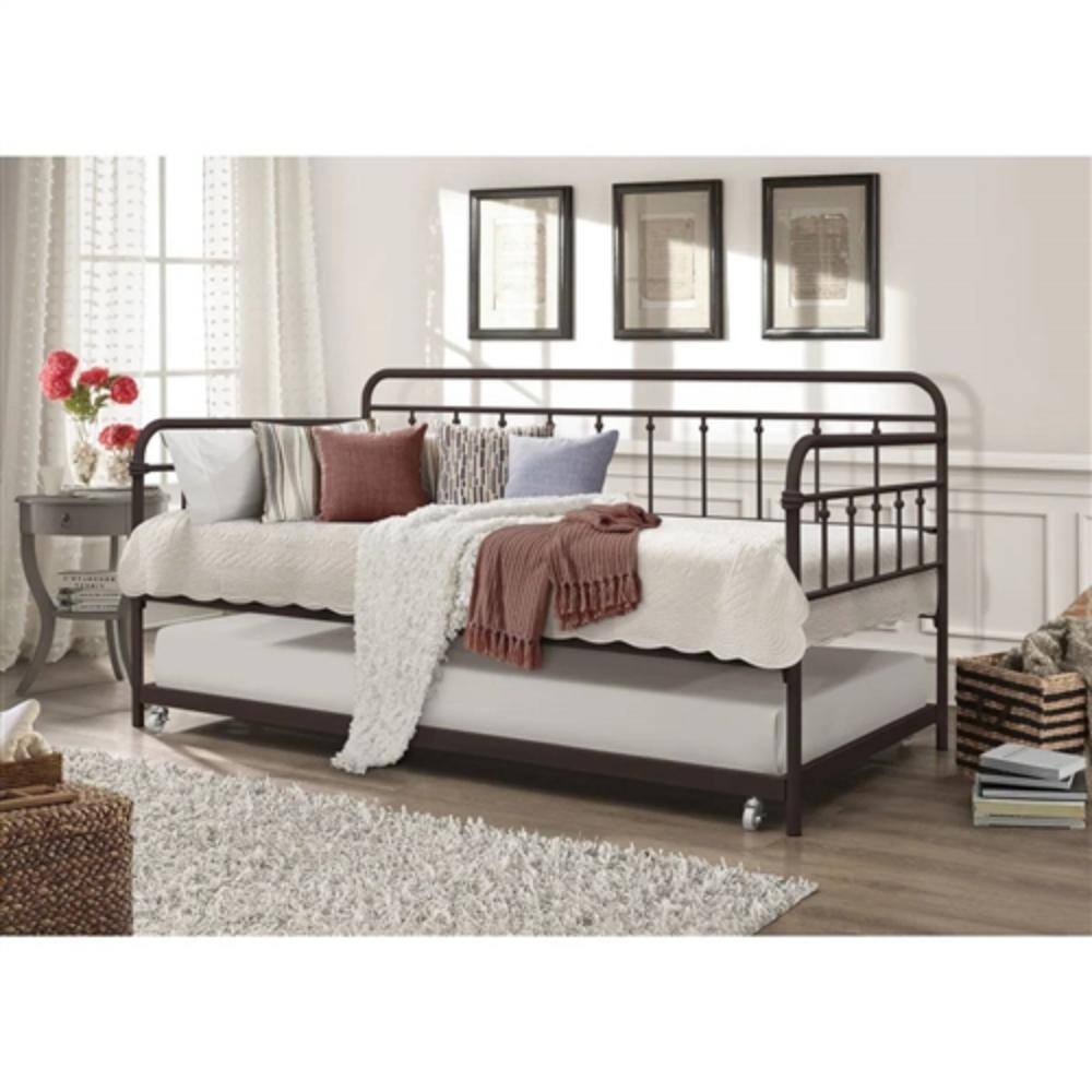 Left. Hivvago - Twin size Rounded Iron Daybed with Roll Out Trundle Bed Frame in Copper Brown - Copper Brown.