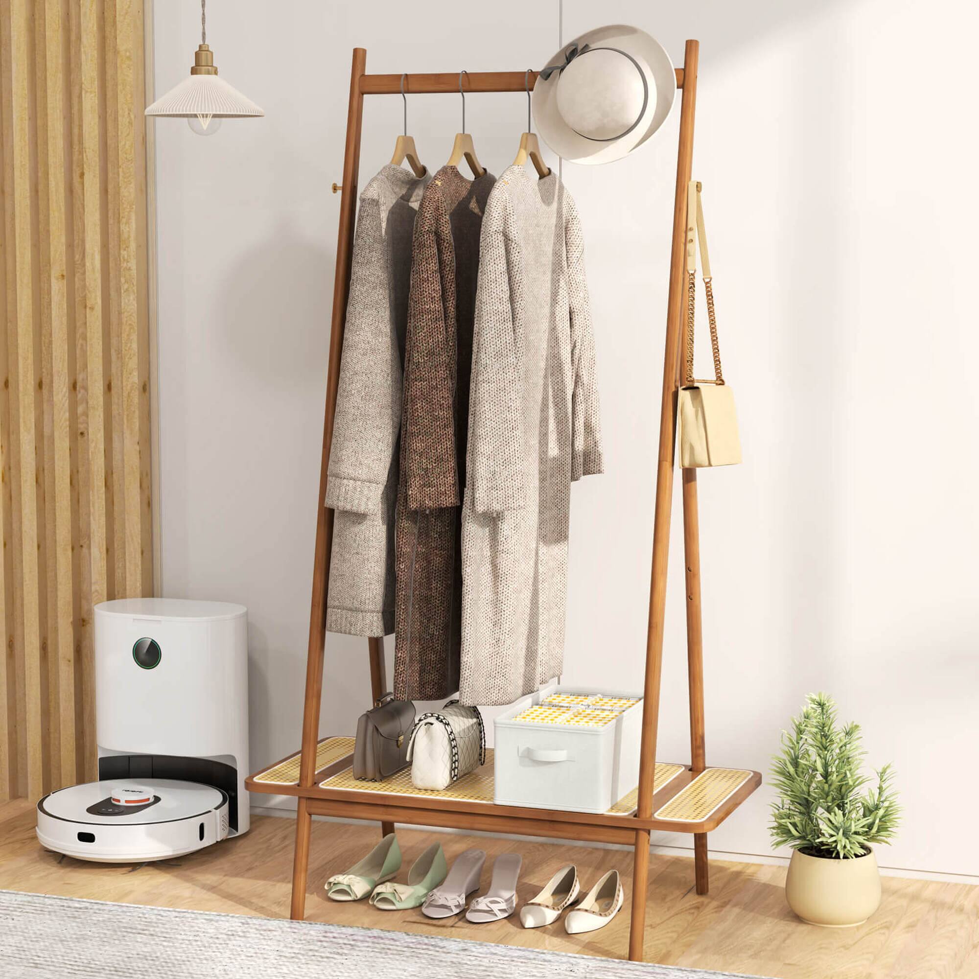 Alt View 5. Costway - Costway Bamboo Clothes Rack Clothing Rack with Hanging Rod Rattan Shelf & 5 Copper Hooks Coffee - Coffee.