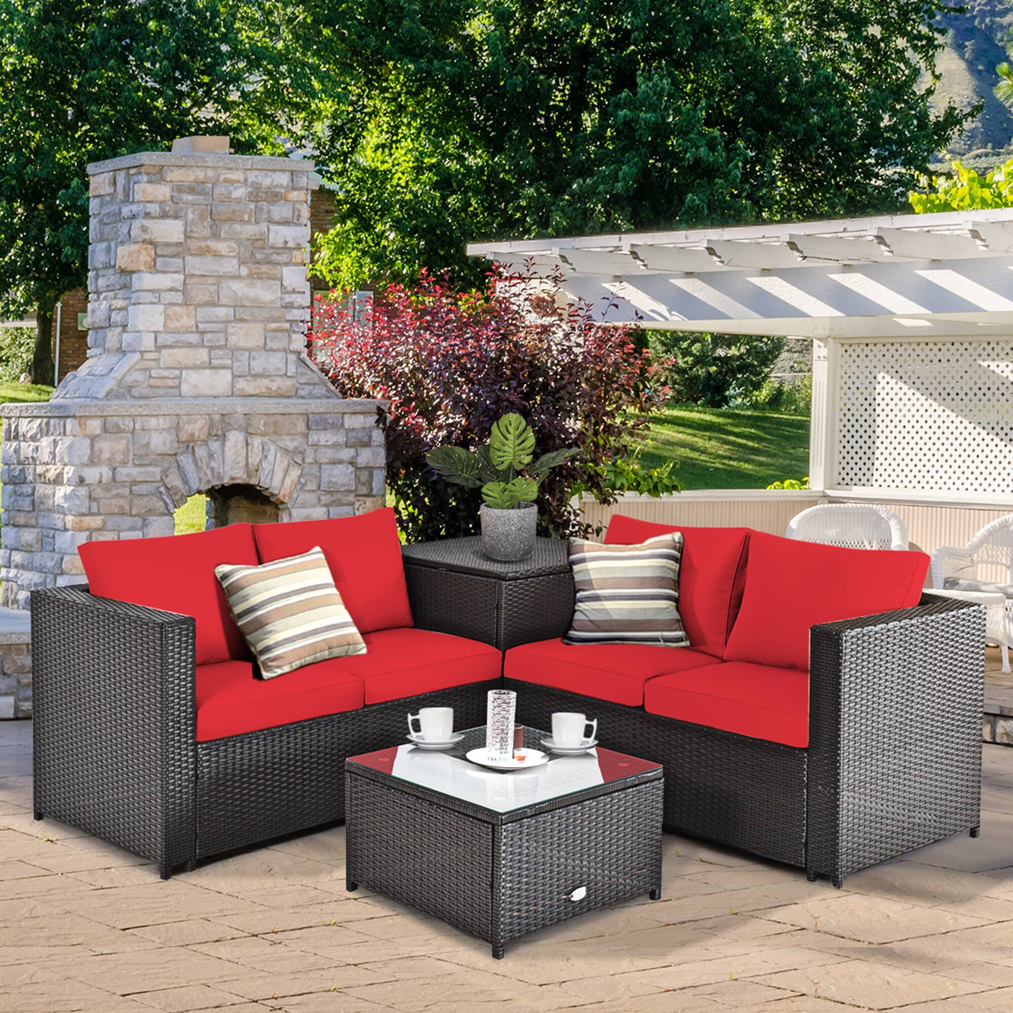 Gymax - 4PCS Cushioned Rattan Patio Conversation Set w/ Side Table Red Cushion - Brown price history on PriceWatchPro