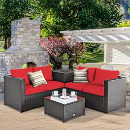 Gymax - 4PCS Cushioned Rattan Patio Conversation Set w/ Side Table Red Cushion - Brown