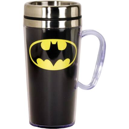 Front. Spoontiques - Spoontiques DC Comics Batman Logo Double Walled Stainless and Acrylic Insulated Travel Mug 14 ounce - Black.