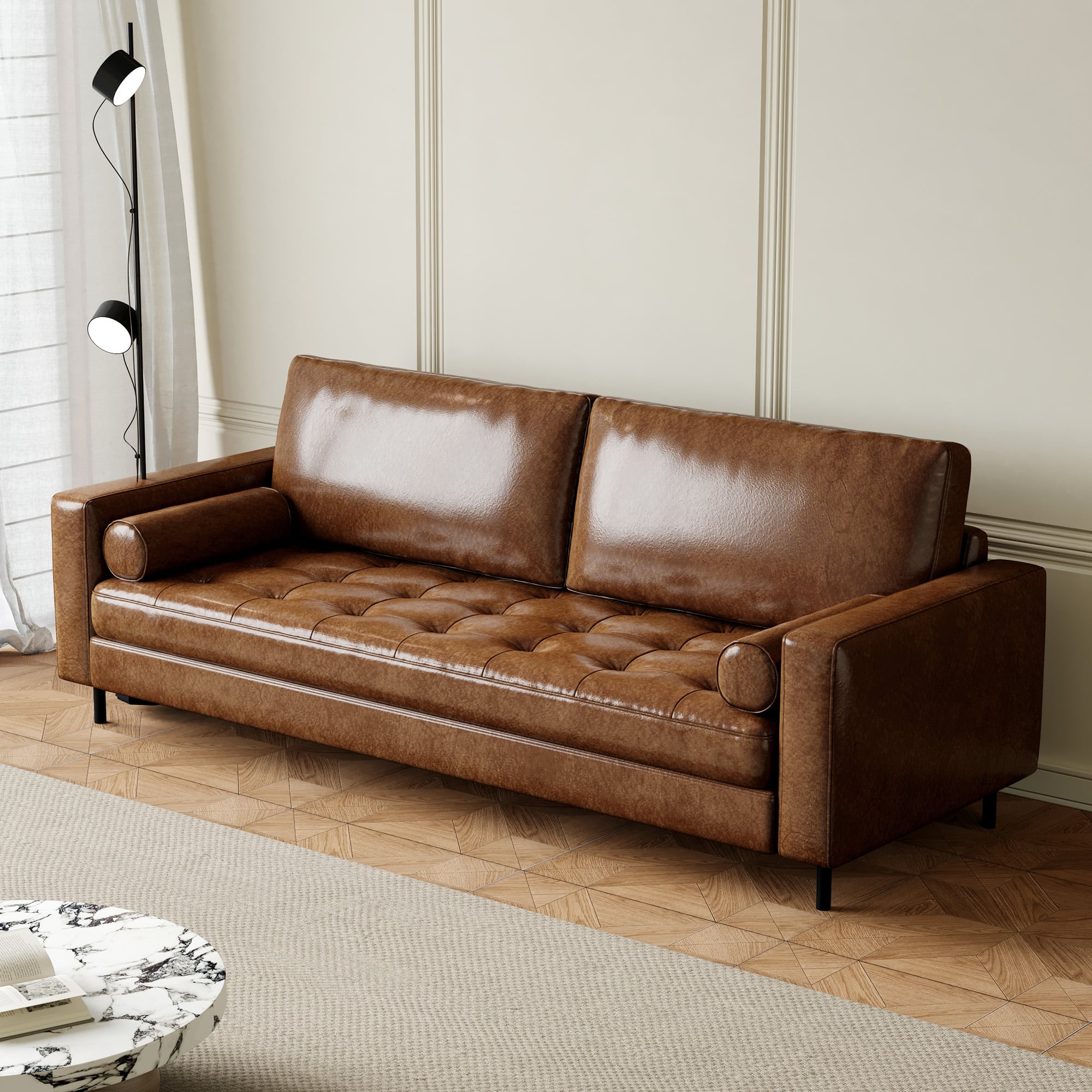 luck idea - 80.31" High-End Vintage Oil-Waxed Leather Sofa, Couch,Durable Solid Frame & Ergonomic Comfort Seating for Living Room - Brown