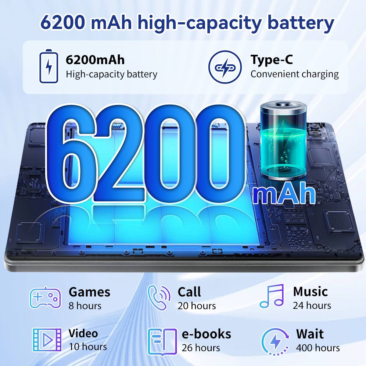 6200 mAh high-capacity battery

6200mAh
High-capacity battery

Type-C
Convenient charging

Games 8 hours
Call 20 hours
Music 24 hours
Video 10 hours
e-books 26 hours
Wait 400 hours