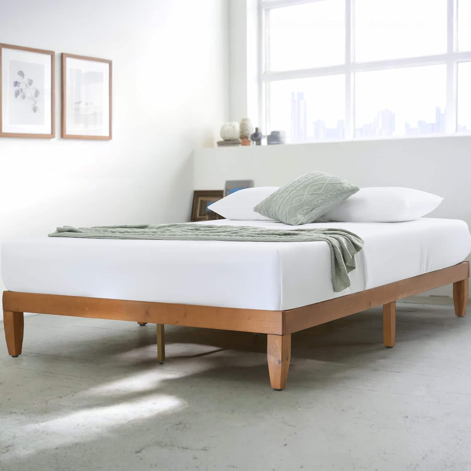 Maple99 - Wood Platform Bed Frame Queen Size - 12 Inch Pine Frame, No Box Springs Needed, Leveling Feet, Sturdy, Wooden Slats - Beige