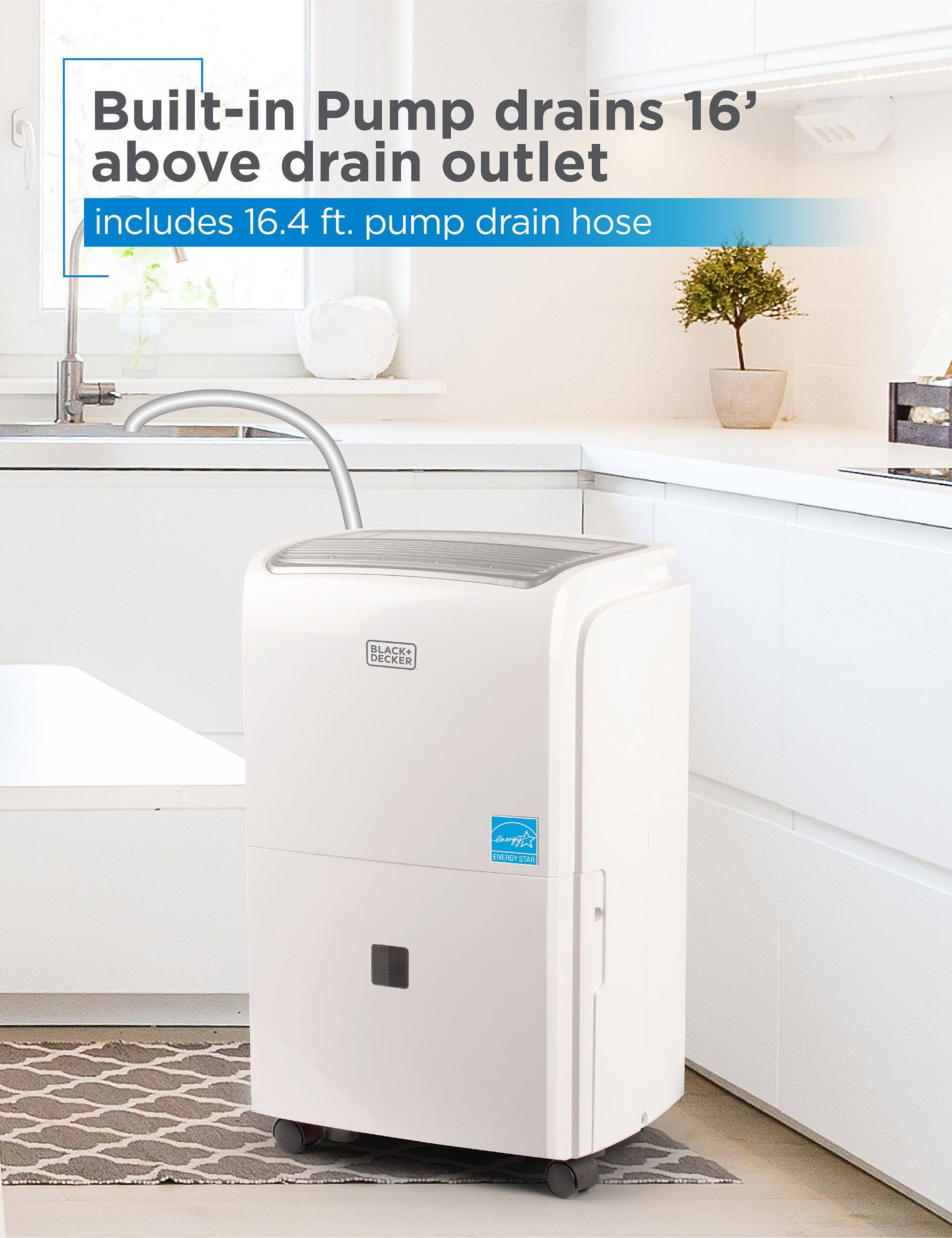 Built-in Pump drains 16' above drain outlet includes 16.4 ft. pump drain hose BLACK+DECKER