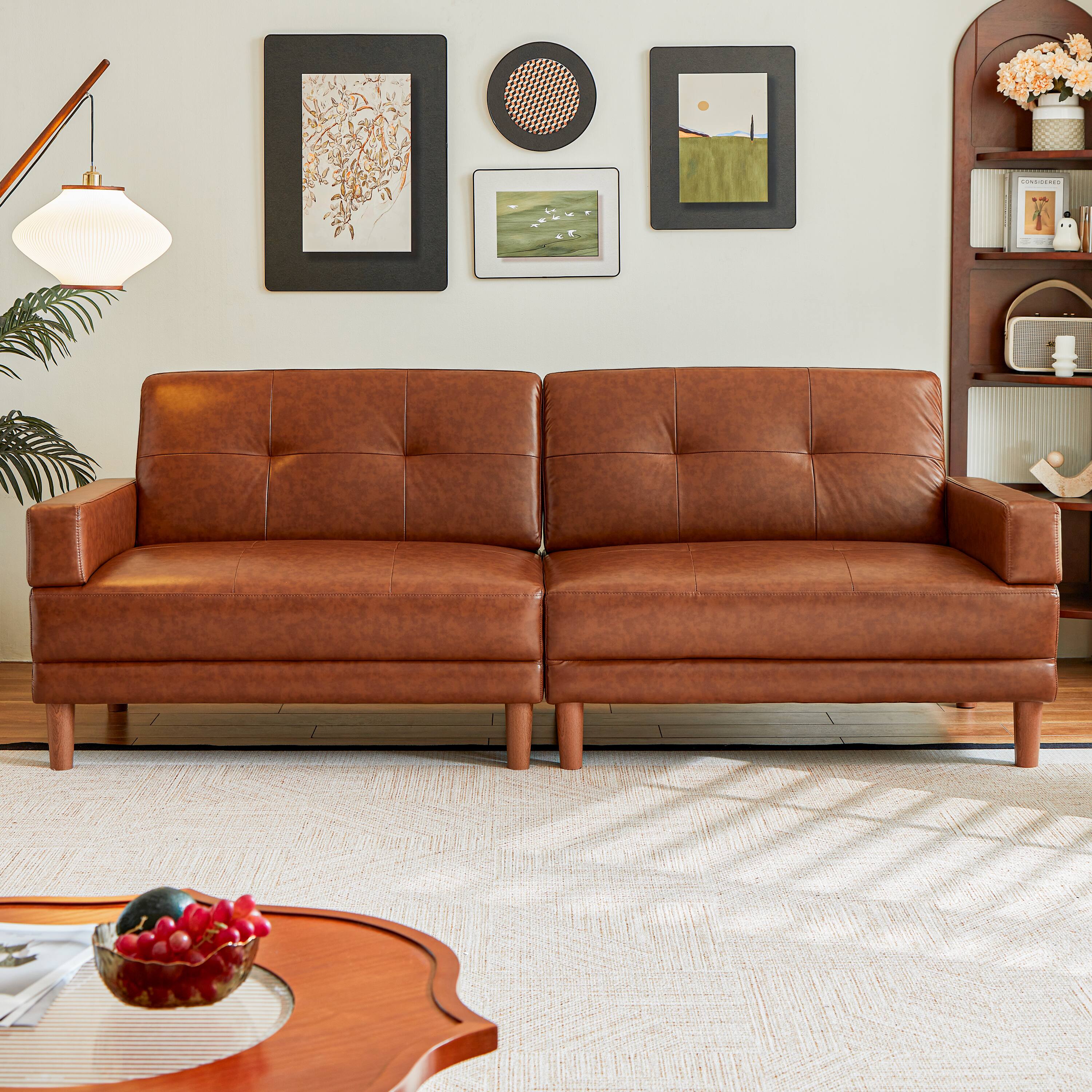 Alt View 1. MSOOB - 94.5" Mid-Century Modern Faux Waxed Leather Sofa, 3-Seater Living Room Leather Couch with Square Arms and Tufted Back - Brown.