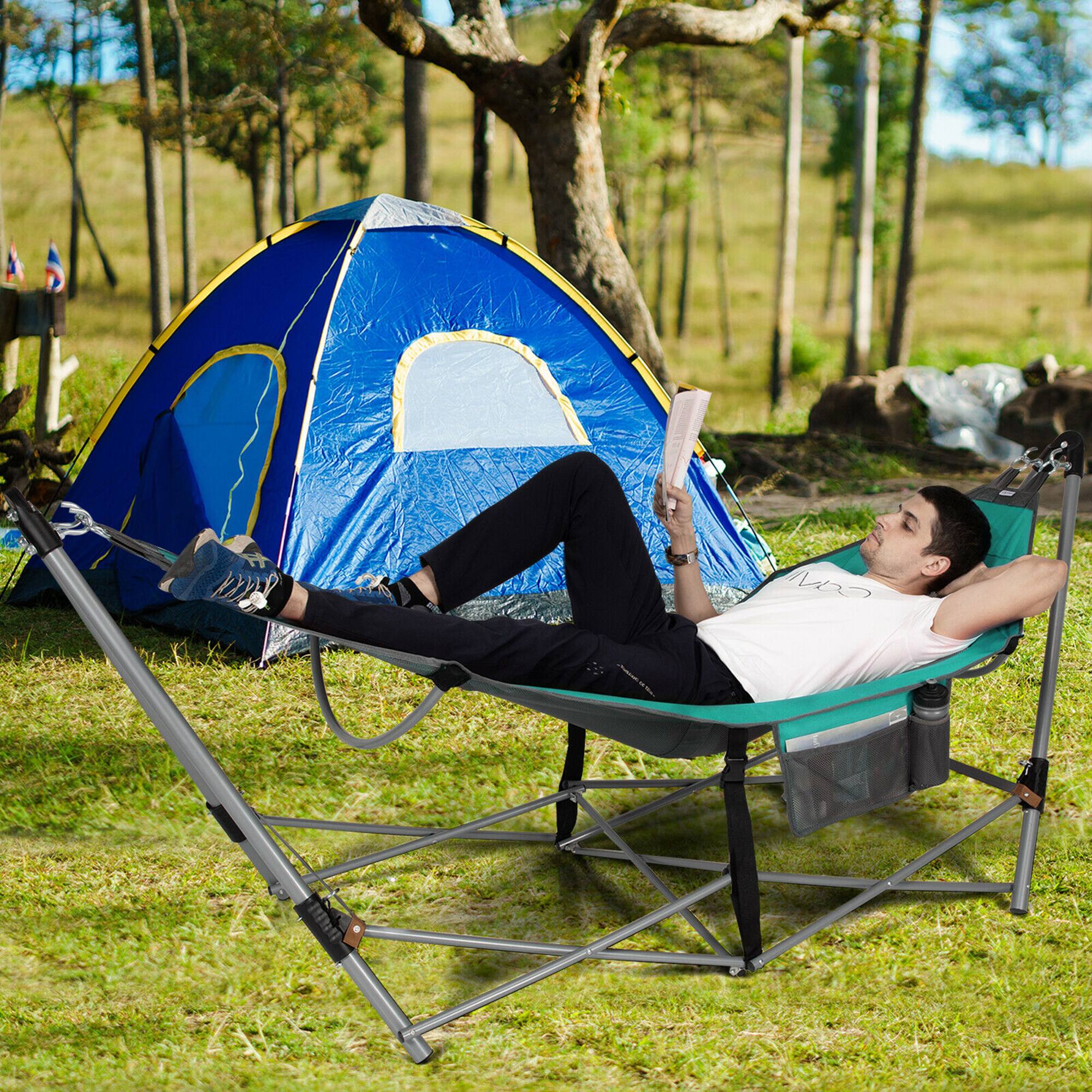 Alt View 1. Costway - Costway Folding Hammock Indoor & Outdoor Hammock with Side Pocket & Iron Stand - Turquoise.