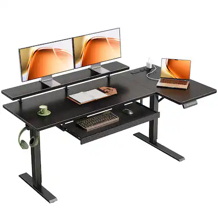 Front. AODK - 55" Reversible L-Shaped Electric Standing Desk with Drawers, Power Outlets, Keyboard Tray & Monitor Stand - Black.