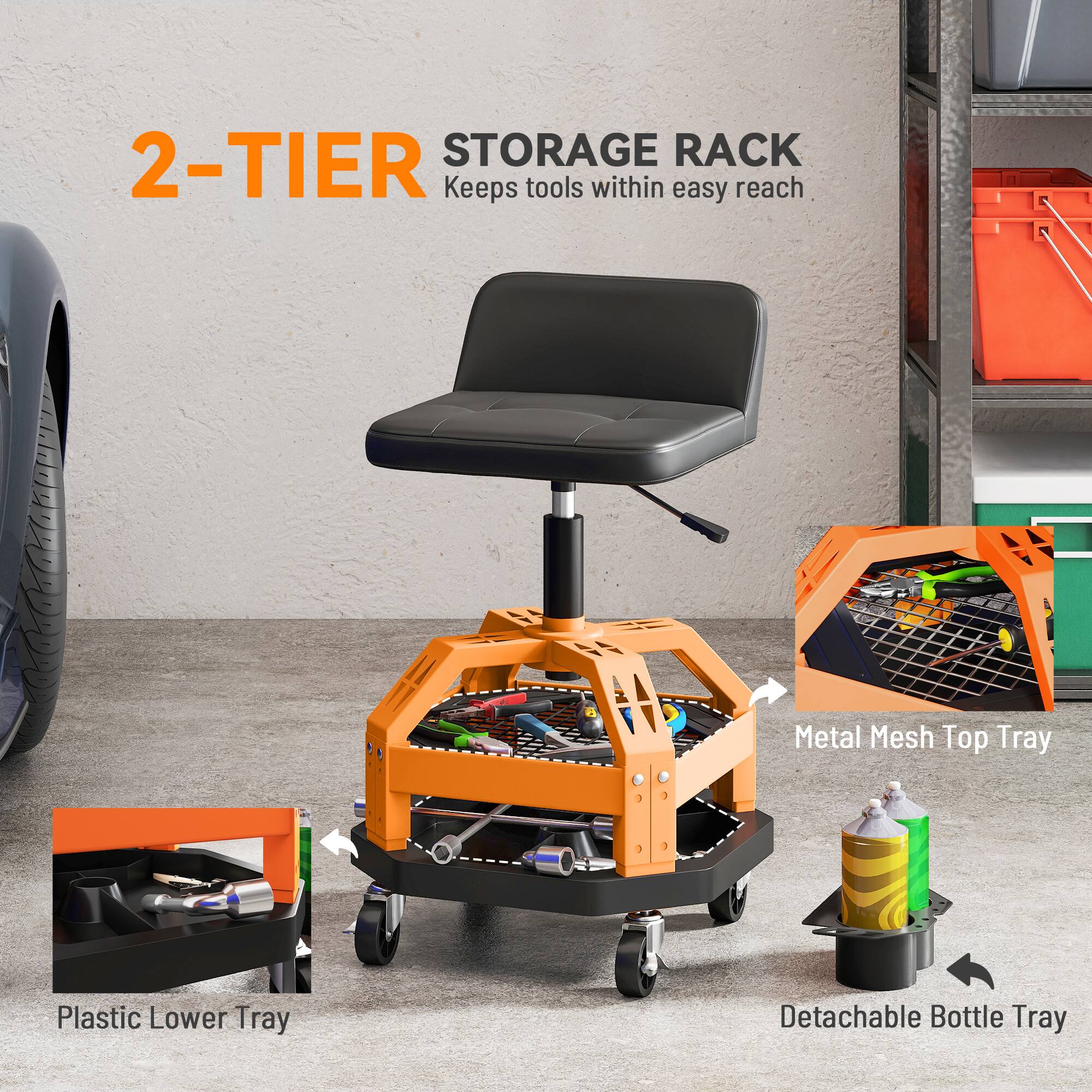 2-TIER STORAGE RACK
Keeps tools within easy reach
Metal Mesh Top Tray
Plastic Lower Tray
Detachable Bottle Tray