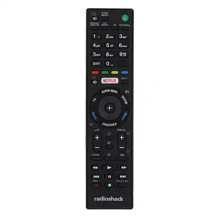 SYNC MENU DIGITAL TV ANALOG RADIO 3D FOOTBALL 1 / 2 abc 3 def 4 ghi 5 jkl 6 mno 7 pqrs 8 tuv 9 Wx Yz EXIT 0 . 1 D HELP NETFLIX ACTION MENU TV GUIDE BACK HOME DISCOVER PROG + + - - AUDIO E H4 REC " D TITLE LIST radioshack