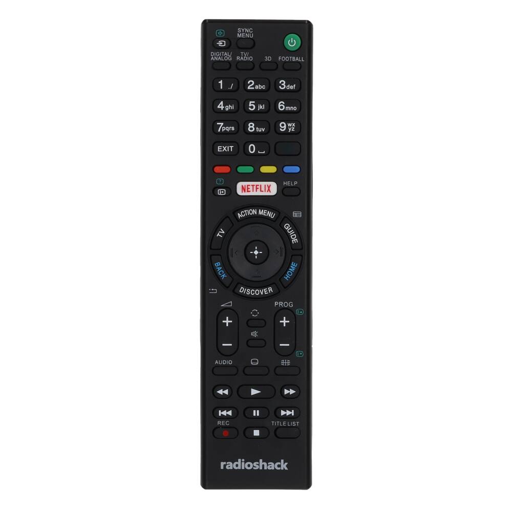 SYNC MENU DIGITAL TV ANALOG RADIO 3D FOOTBALL 1 / 2 abc 3 def 4 ghi 5 jkl 6 mno 7 pqrs 8 tuv 9 Wx Yz EXIT 0 . 1 D HELP NETFLIX ACTION MENU TV GUIDE BACK HOME DISCOVER PROG + + - - AUDIO E H4 REC " D TITLE LIST radioshack