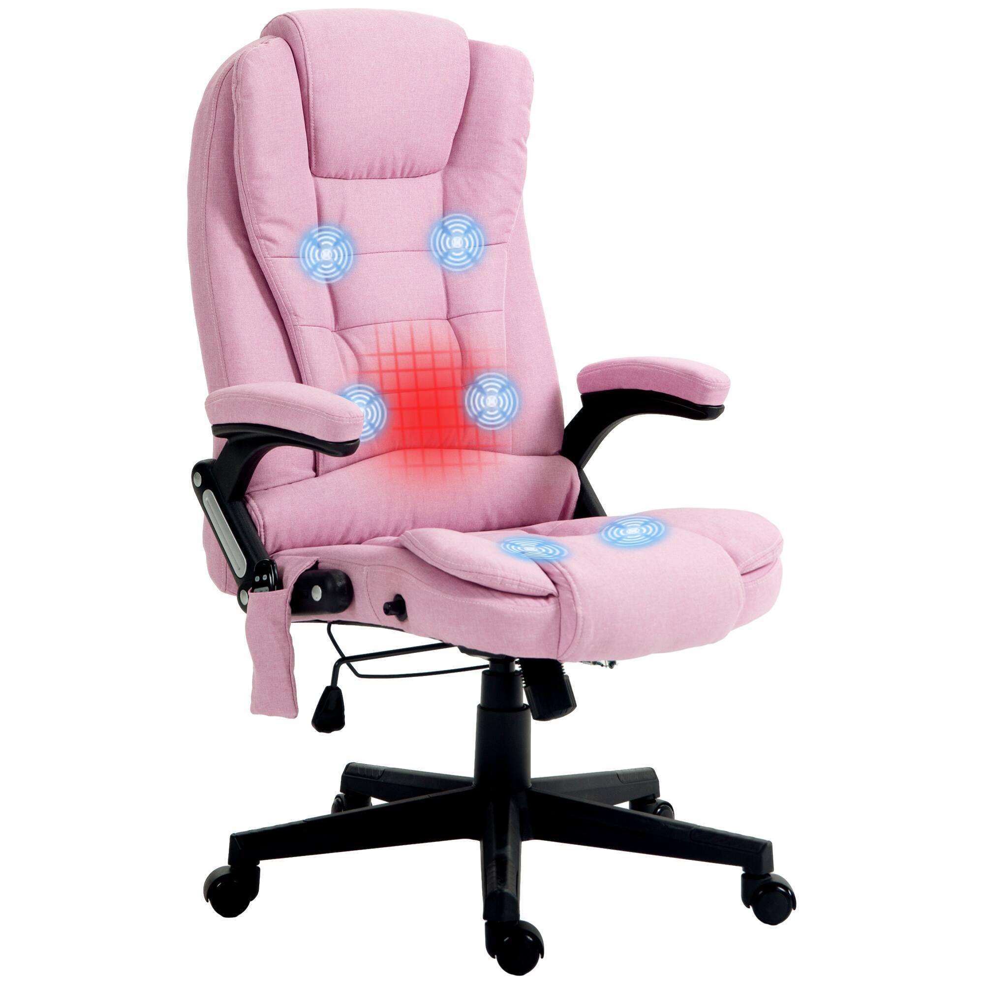 Homcom - 6 Point Vibrating Massage Office Chair with Heat, Linen High Back Executive Chair with Reclining Backrest and Remote - Pink