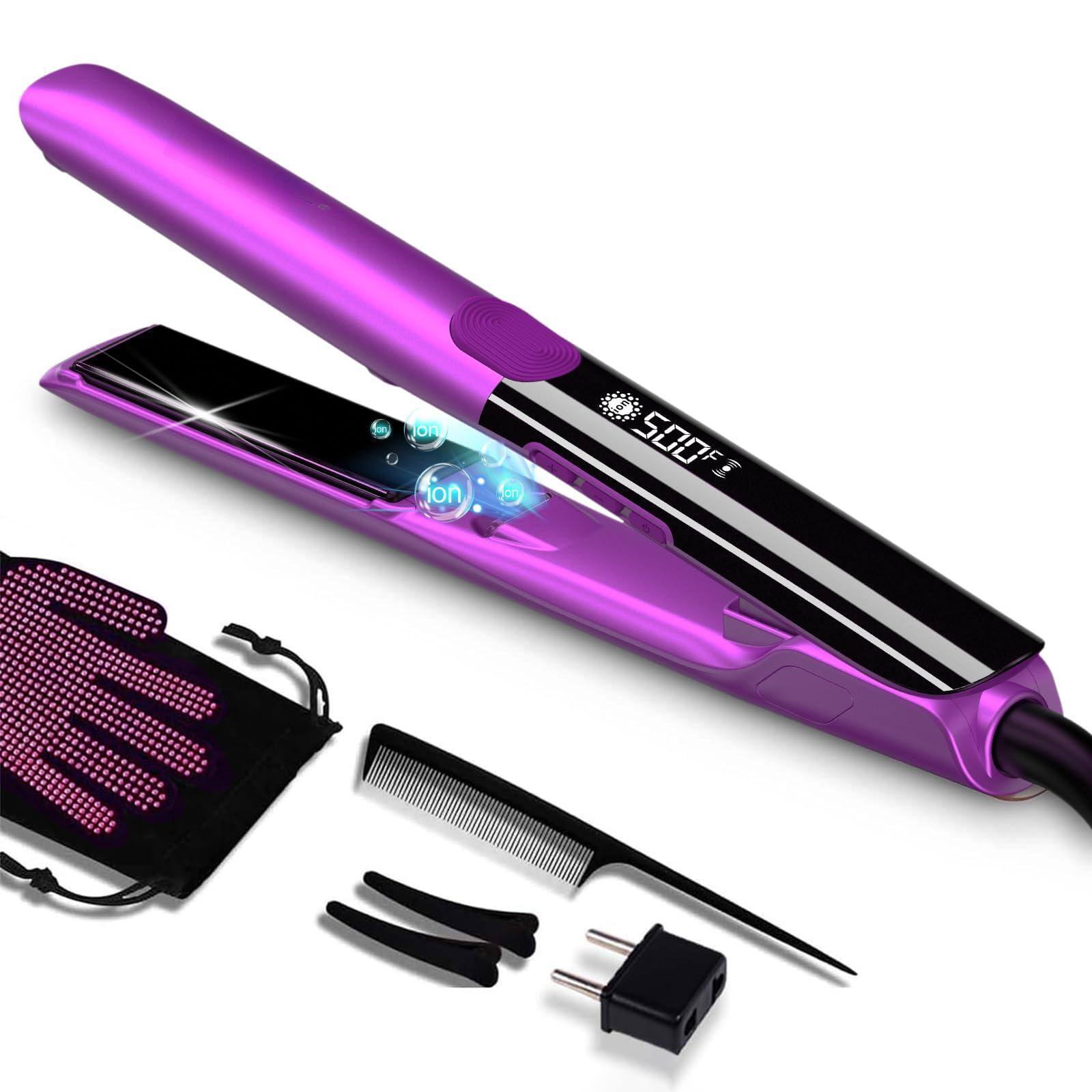 Live At Space - 500 Degree High Temp Professional Hair Straightenr Ceramic Wide Flat Iron 2 In 1 Straightener And Curler - Purple 1 inch