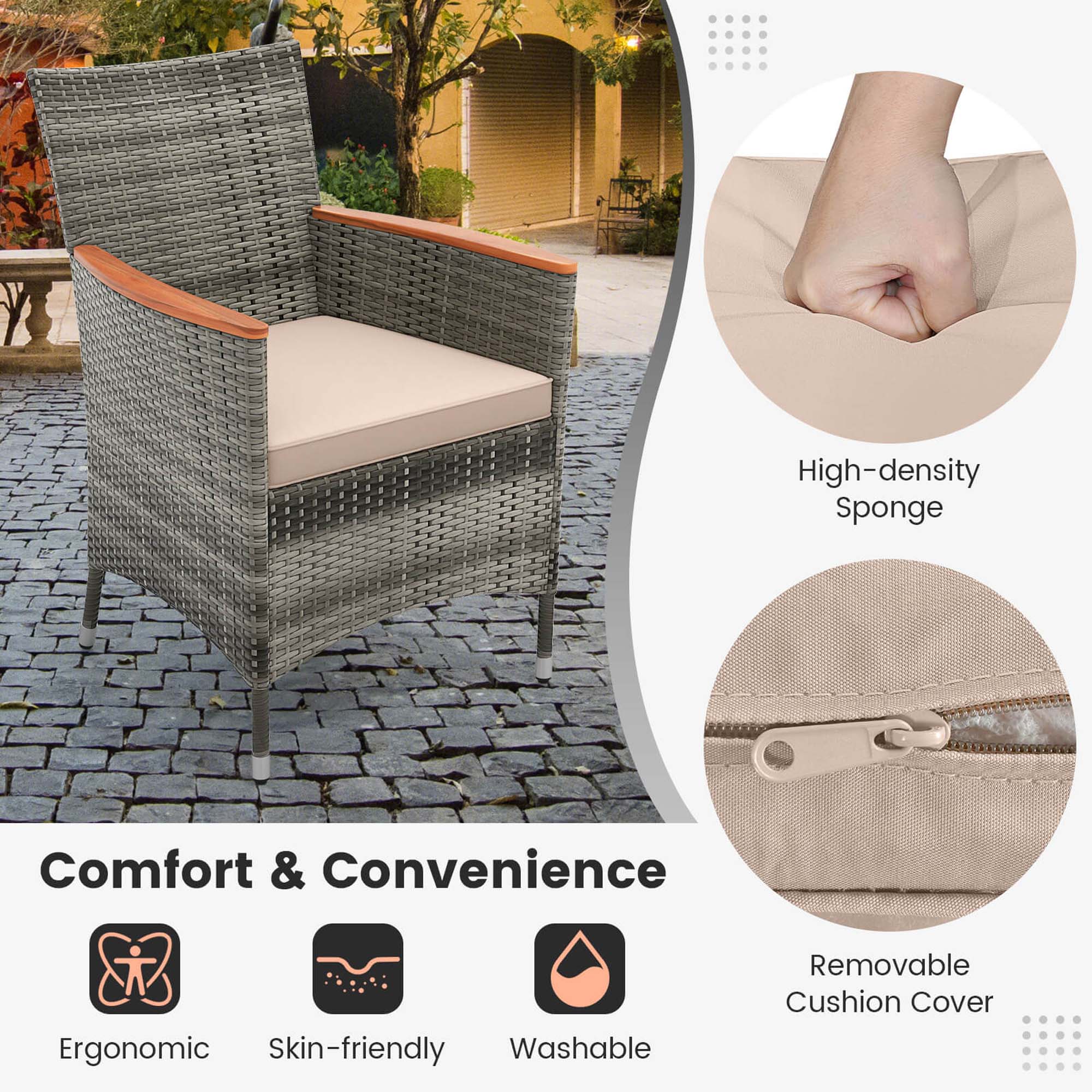 The text on the image is grouped as follows:

1. Comfort & Convenience
2. Ergonomic
3. Skin-friendly
4. Washable
5. Removable Cushion Cover