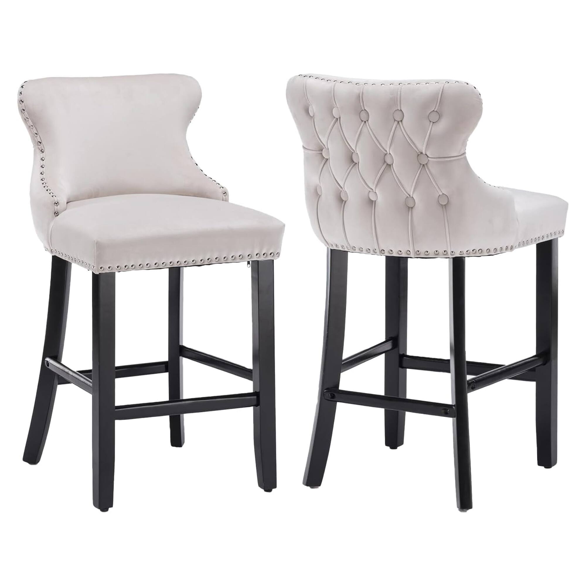 HTUTWOO - Velvet Bar Stools Set of 2, Wingback Counter Height Chairs with Solid Wood Legs and Nailhead Trim for Kitchen Island - Beige