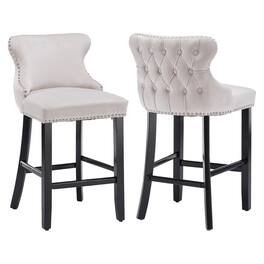 HTUTWOO - Velvet Bar Stools Set of 2, Wingback Counter Height Chairs with Solid Wood Legs and Nailhead Trim for Kitchen Island - Beige