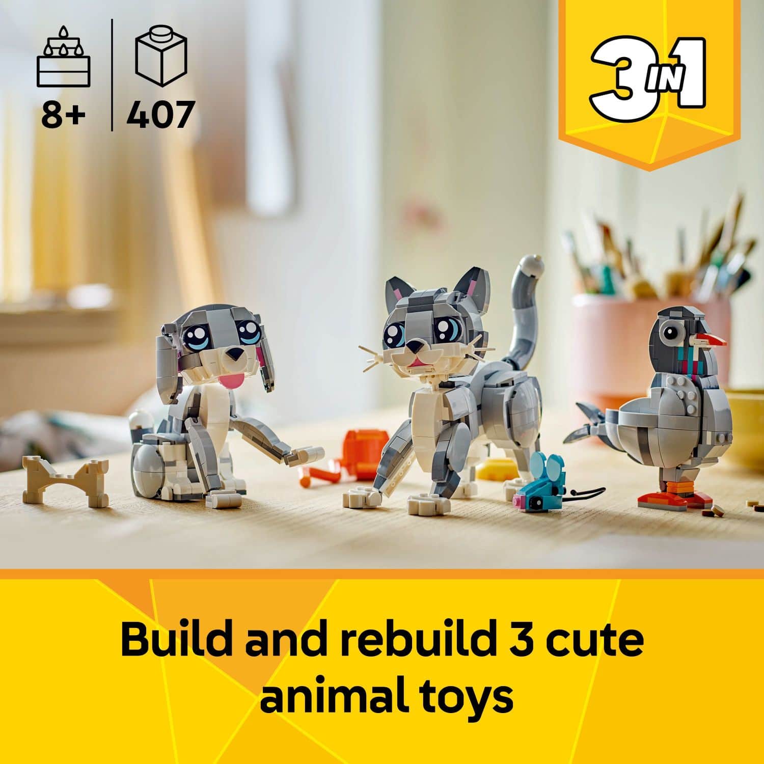 Build and rebuild 3 cute animal toys.