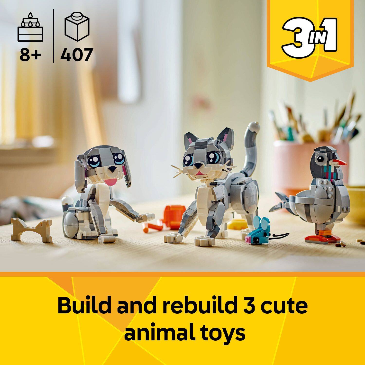 Build and rebuild 3 cute animal toys.